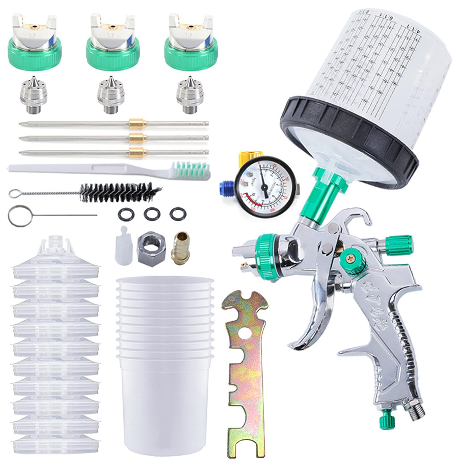 Pistola Pintura Neumática para Automóviles, Pistola para Pintar Paredes y Techos, con 10 Tazas para Mezclar, Herramienta de Pulverización Profesional, Color Verde​, 600ML