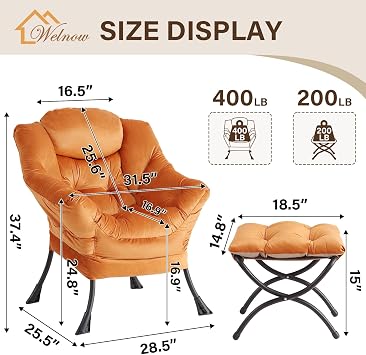 Welnow Lazy Chair with Ottoman Modern Lounge Accent Chair with Armrest and Side Pockets, Leisure Upholstered Sofa Chair, Reading Chair, Footrest, Small Space Corner Chair