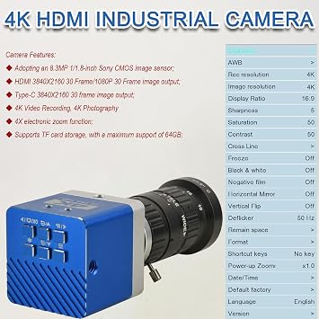 4K HD Microscope Industrial Camera 8.3 Million Pixels HDMI/Type-C Output 10-50mm Lens