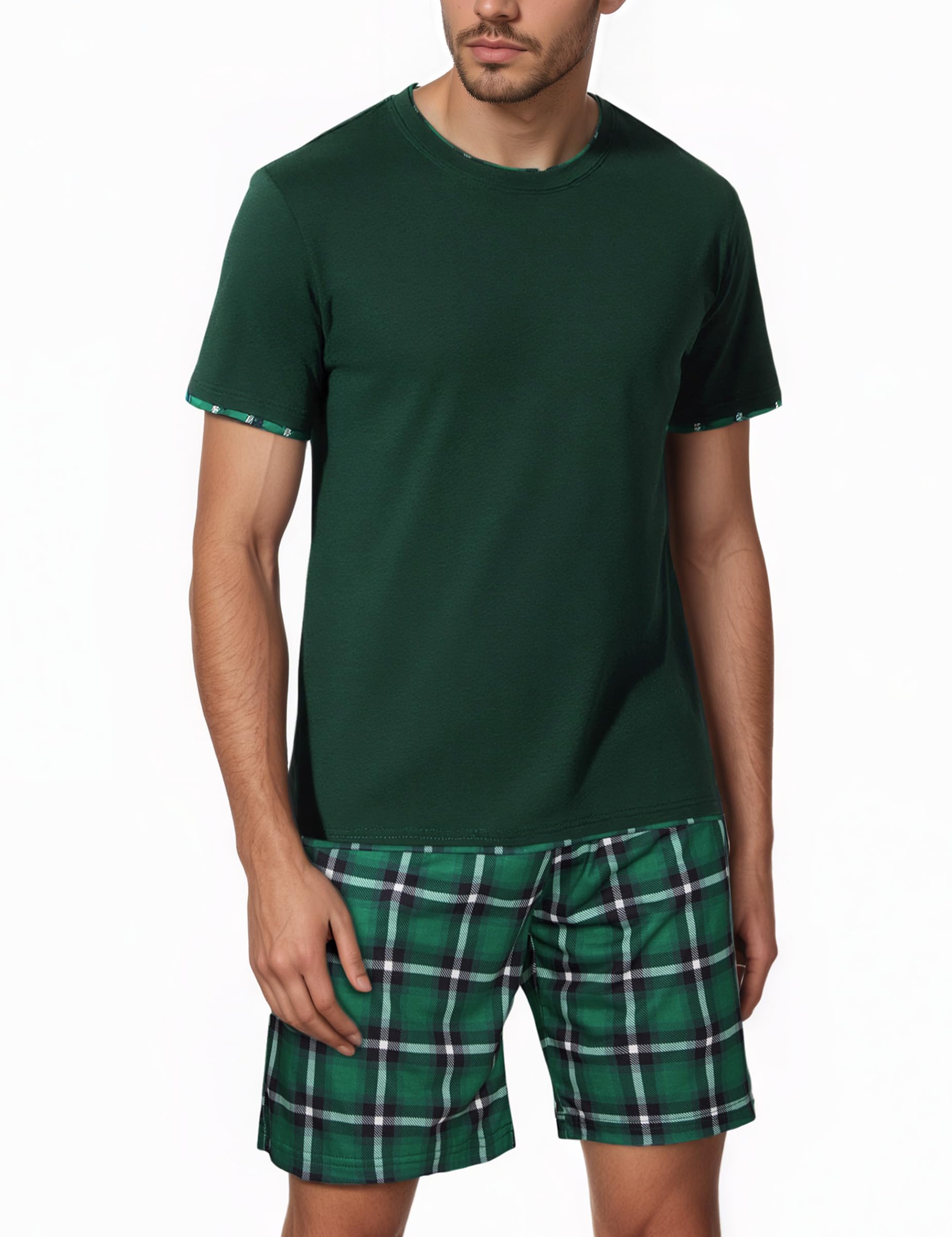 Litherday Schlafanzug Herren Kurz Pyjama Baumwolle Kurzarm Zweiteiliger Pyjama Set Nachtwäsche Kurzarm Oberteil und Karierte Schlafanzughose Hausanzug Sleepwear Weich und Hautfreundlich