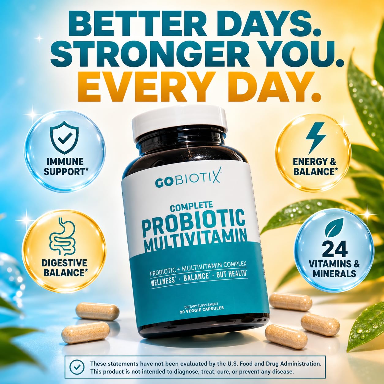 GOBIOTIX Multivitamin with Probiotics and Digestive Enzymes - 25 Billion CFU - Digestive Health, Probiotics for Women and Men - Gluten Free Pills - 90 Capsules — Amazon image 2
