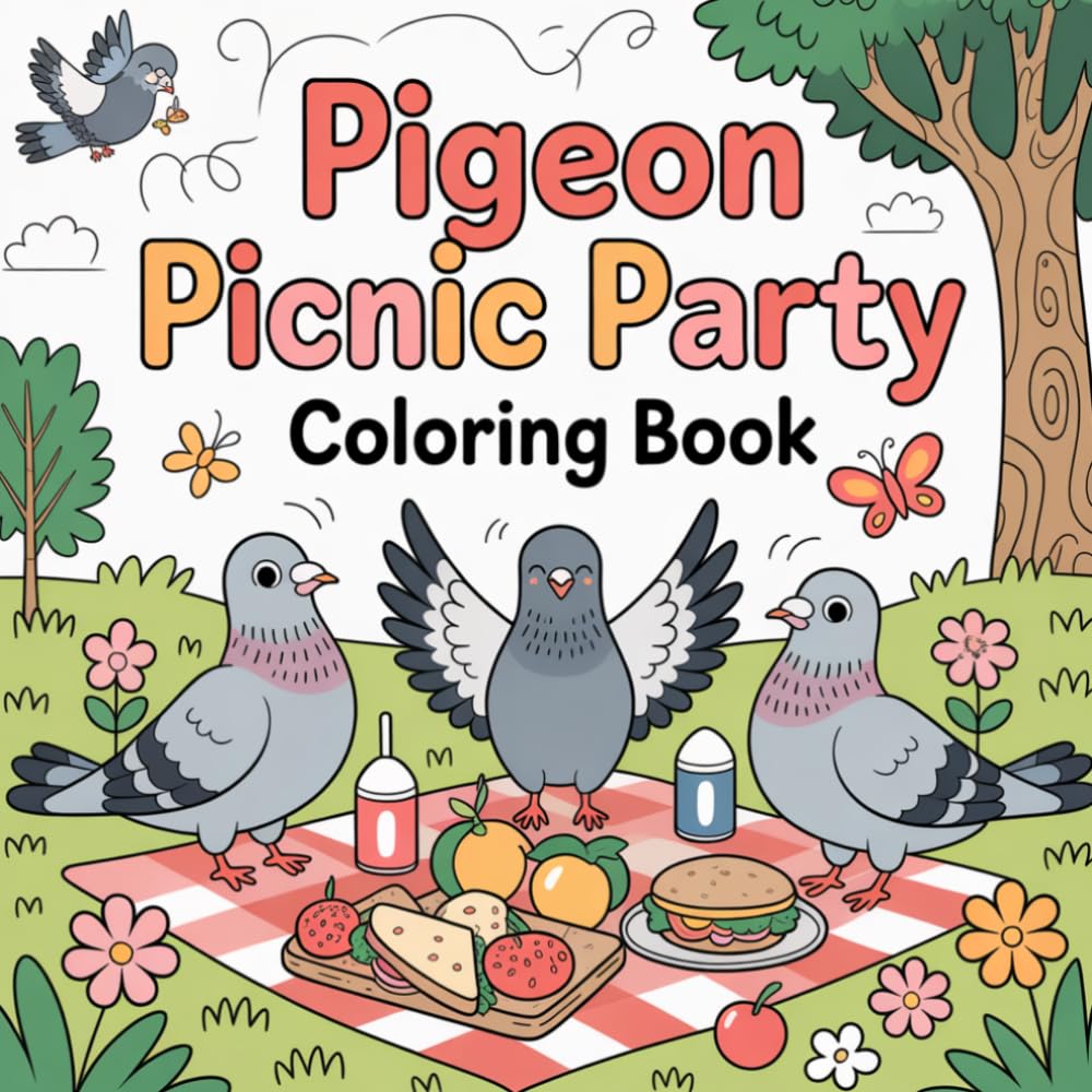 Pigeon Picnic Party Coloring Book for Kids Ages 4–8 | Fun Outdoor Bird Scenes with Simple and Clear Designs: 26 Pigeon-Themed Picnic Illustrations ... for Coloring Square Format 8.5" × 8.5"