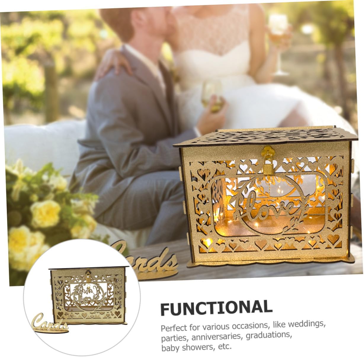 Wooden Hollow Wedding Card Box with Glitter for Birthday Anniversary Blessing Card Storage, Hollow Design Wood Envelope Holder for Event Party Decorations
