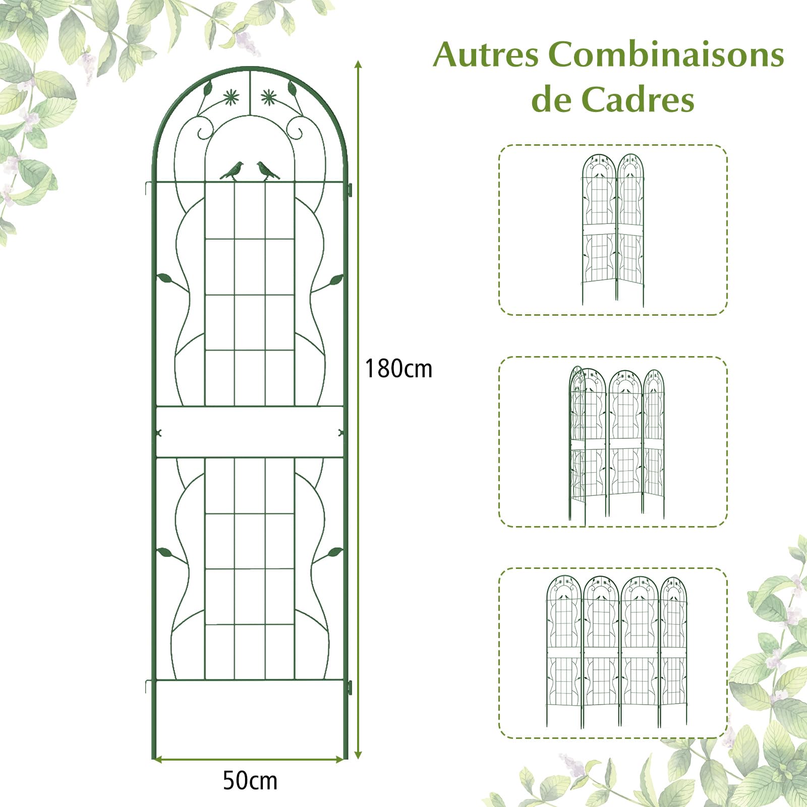 RELAX4LIFE Lot de 2/4 Treillis Plante Grimpante Exterieur, Treillis Jardin 180 CM en Métal, Support pour Plantes Grimpantes, Motif Oiseaux et Fleurs, pour Vigne Lierre Rose (Vert | 2Pcs, 180 CM)