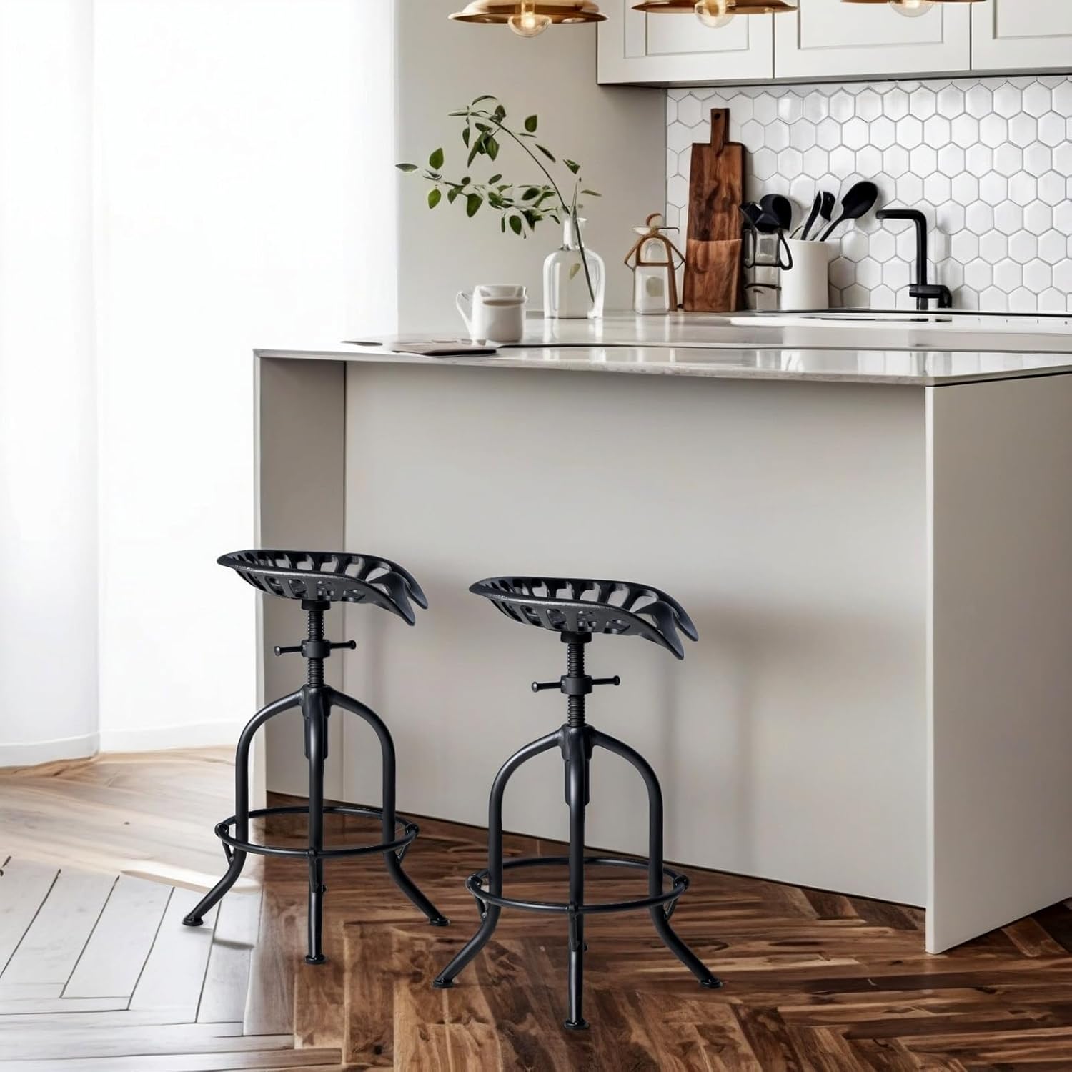 Industrial Bar Stool Farmhouse Tractor Saddle Stool Kitchen Counter Height Adjustable Bar Stool Metal Bar Stool 19.6-24 Inch Pub Bar Stool,Set of 2, Black