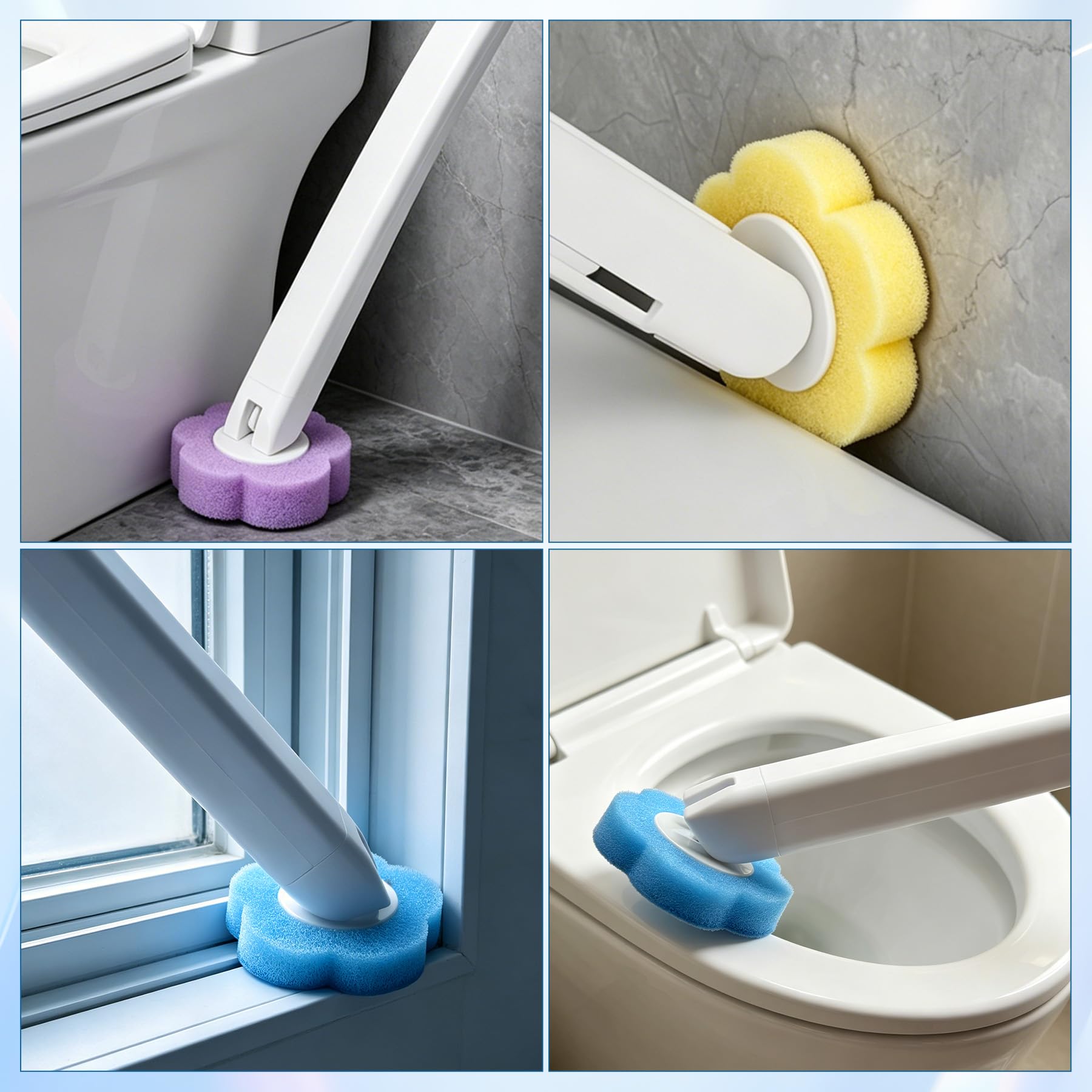 TZEKING Set Scopino WC Usa e Getta 54 Pezzi – 2 Spazzole con Manico Lungo, 2 Supporti a Parete con Staffa Adesiva, 48 Ricariche Detergenti in Spugna per Pulizia Bagno, Lavandino e Vasca