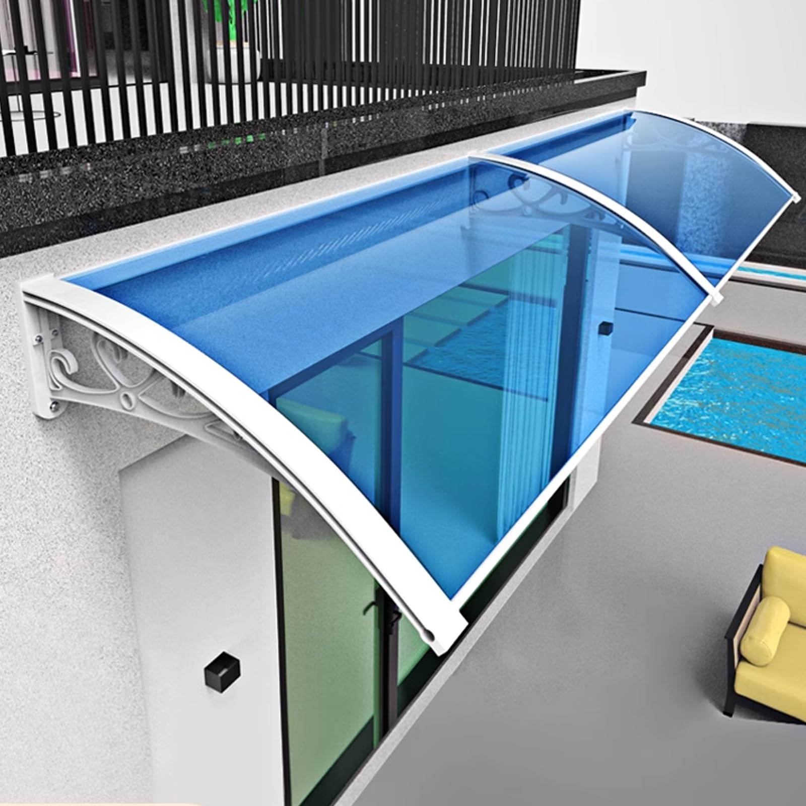 GJZQDKX Outdoor Blue Front Door Canopy Awning Metal Window Porch Garden Rain Snow Protection Polycarbonate Cover Patio Sun Shelter with White Bracket (31"x98")