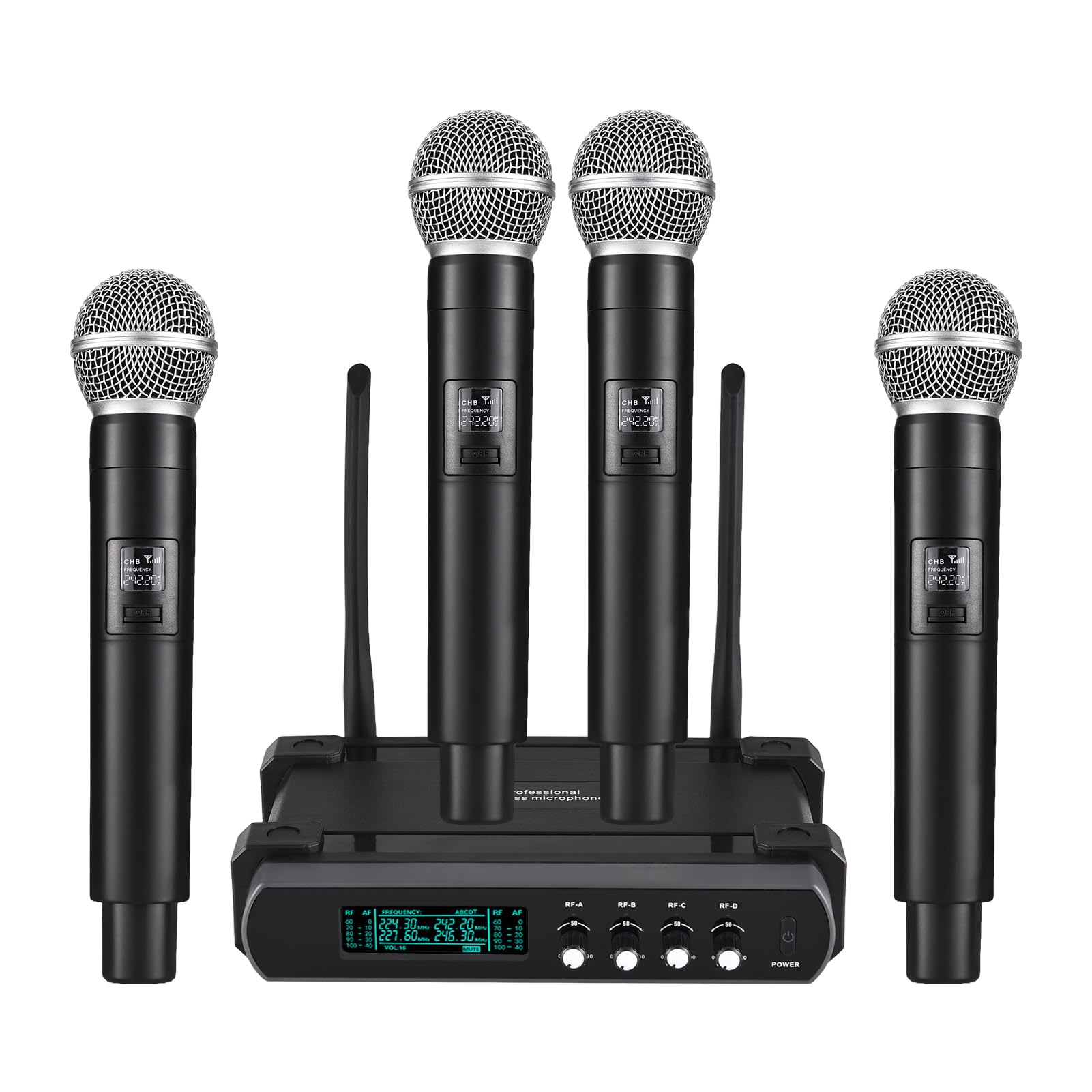 Domary Bezprzewodowy System Mikrofonowy 2,4G z 4 Mikrofonami Ręcznymi i Odbiornikiem Transmisja na odległość 80 M do Karaoke