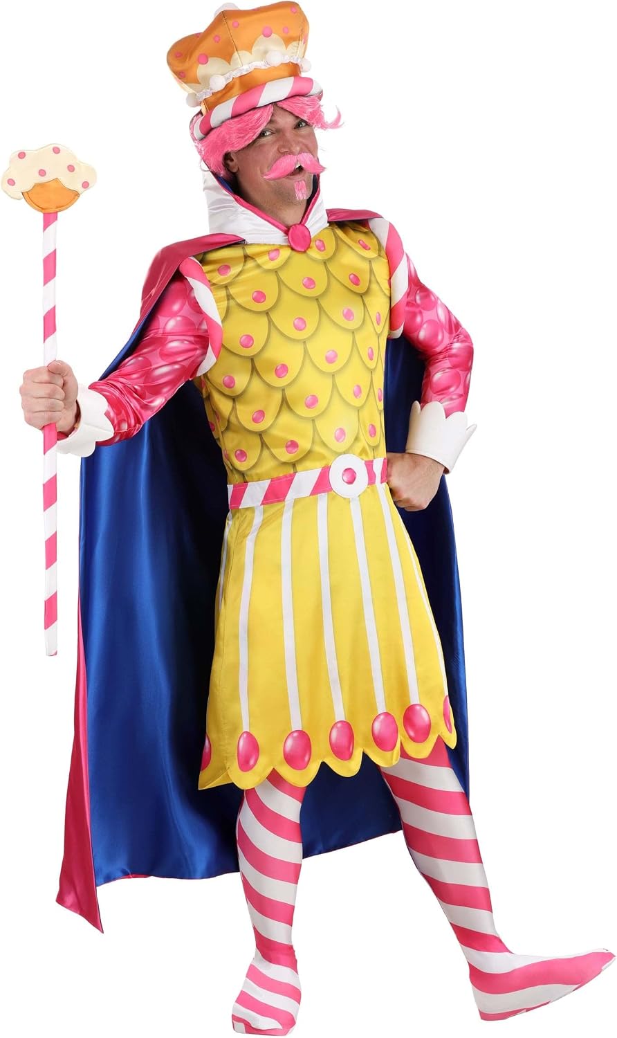 King Kandy Candy Land Costume for Men with Tunic, Cape, Crown, Scepter, and Foot Covers for Halloween