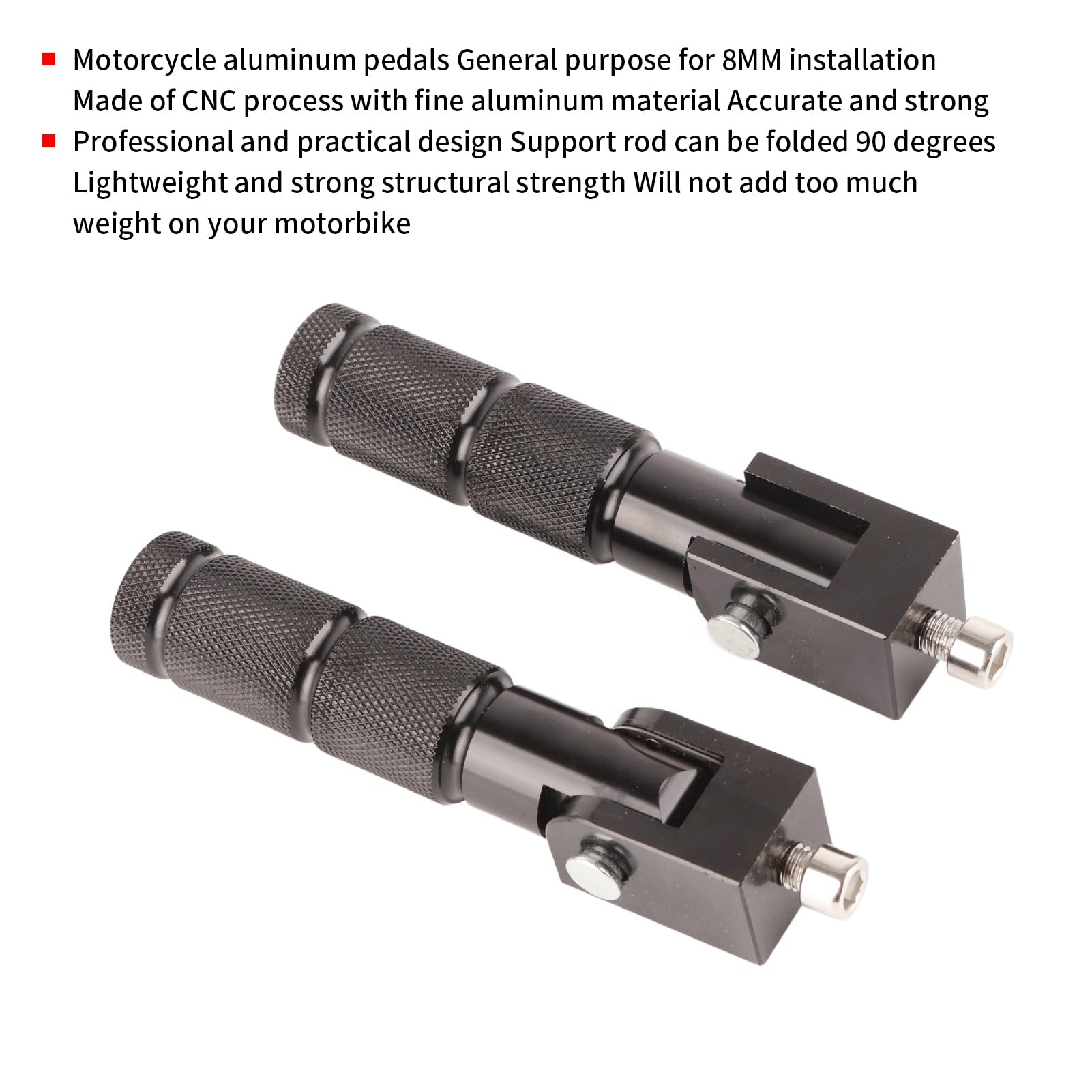 Pedane Poggiapiedi per Moto 2 Pezzi, Pedane Poggiapiedi Universali per Moto Viti da 8 Mm Installazione Asta di Supporto Pieghevole a 90 Gradi Pedali in Alluminio Adatto alla Maggior Parte(Nero)