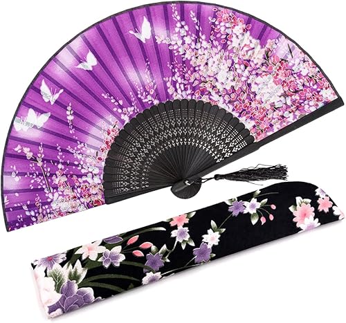 Miniatura 28 de Amajiji - Abanico plegable de seda y bambú, 8.27 pulgadas (21 cm), estilo retro, vintage, elegante y encantador, chino/japonés, regalo para mujeres