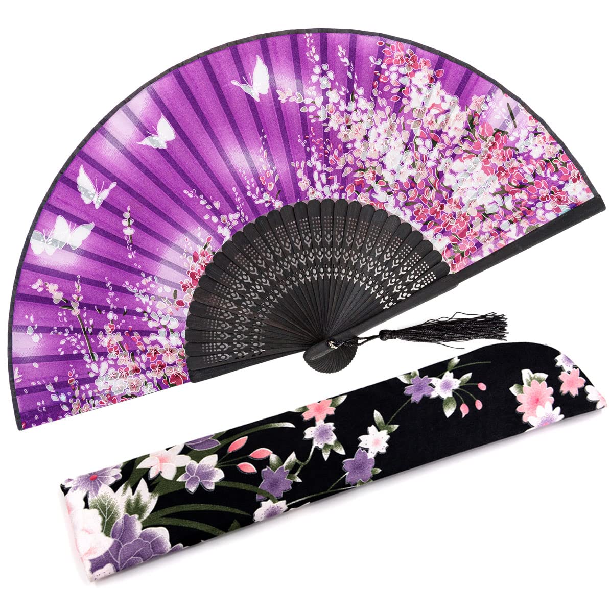 Amajiji 8.27"(21cm) Hand Held Bamboo Silk Folding Fan Hand Fan,Chinese/Japanese Charming Elegant Vintage Retro Style,Women Ladys Girls Best Gifts (Purple Butterfly)