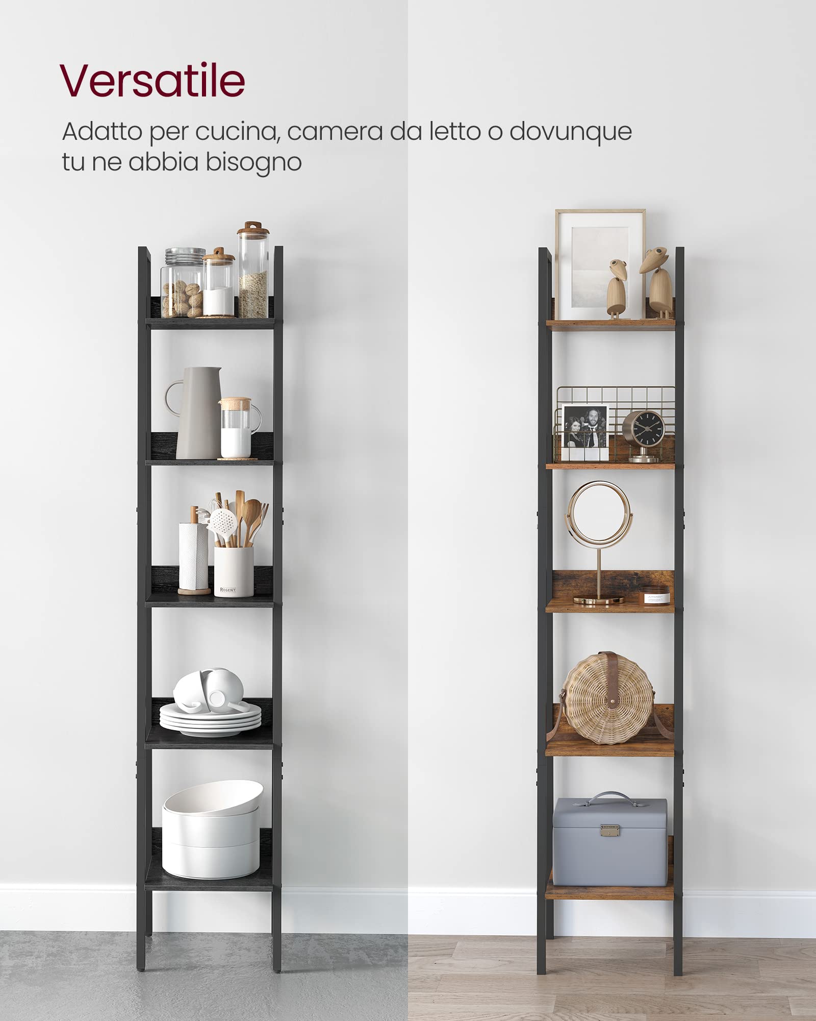 VASAGLE Scaffale a Scala, libreria a 5 Ripiani, Mobile in Piedi, Ufficio, Soggiorno, Camera da Letto, Cucina, Stile Industriale, Legno Nero LLS109B56