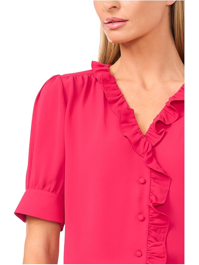 Pink CeCe Short Puff Sleeve Button Down Ruffled Top