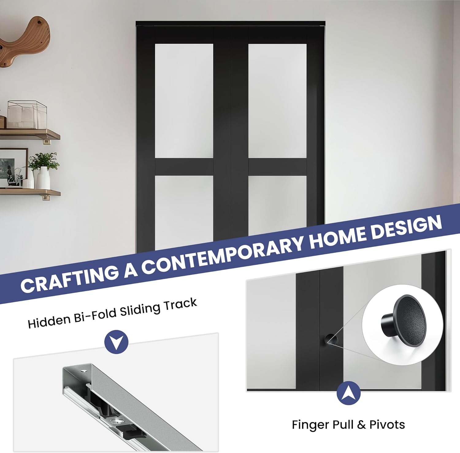 Bifold Door, for 24"x 80" Opening,Tempered Frosted Glass Black Bifold Closet Door with Hardware Kit