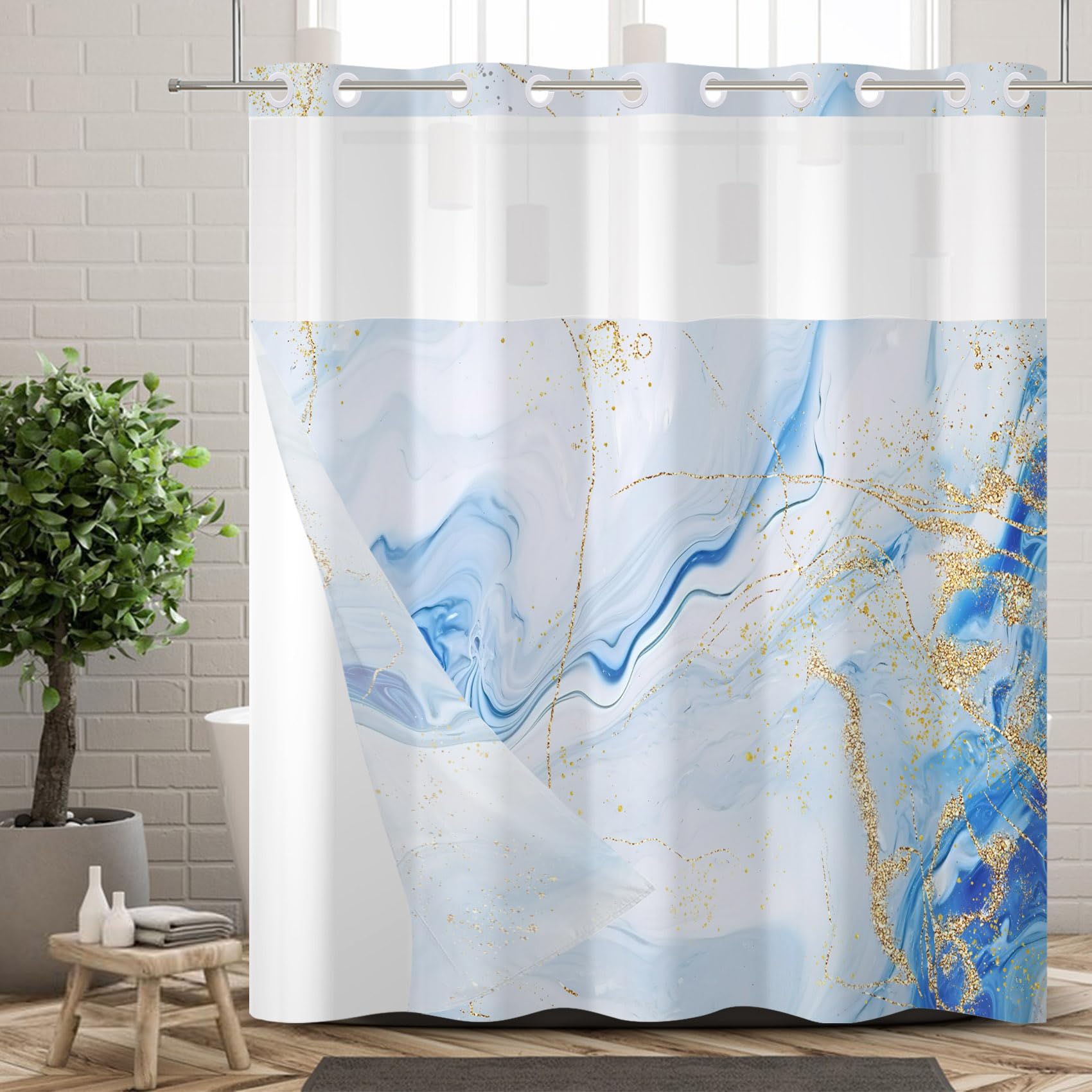 Ttincceer No Hooks Shower Curtain with Snap in Fabric Liner Set Light Blue Gold Marble Hook-less Shower Curtain Double Layer Bathroom Curtain with See Through Mesh Window Waterproof 60x72inch