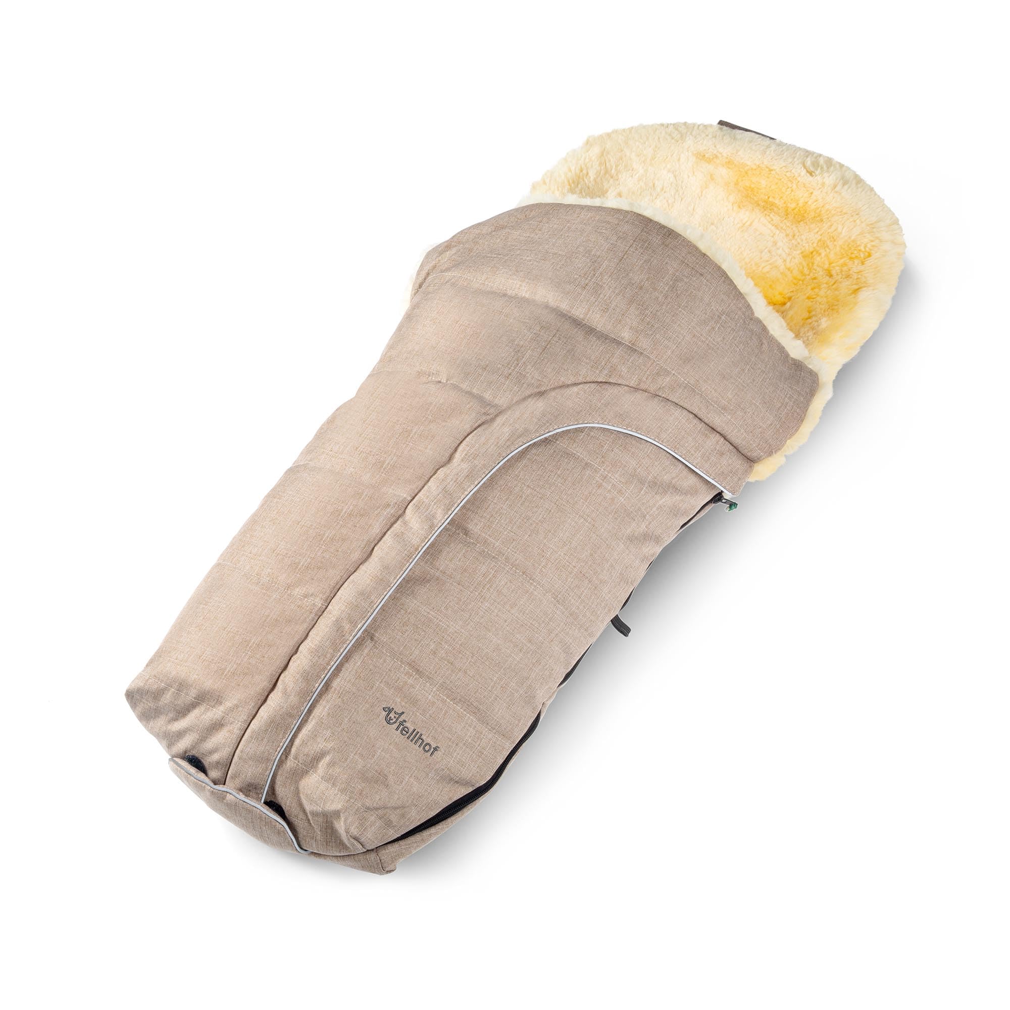 Fellhof 108308 Lammfell Fußsack Cortina, OEKO-TEX® Standard 100 zertifiziert, 45x97 cm, wind- und wasserdicht, waschbar bis 30°C, Öffnung am Fußende (beige-melange)