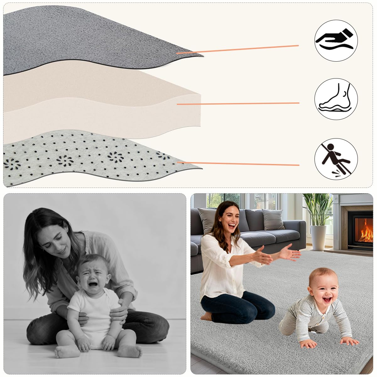 Krabbelmatte Baby, 2 cm Dicke Baby Spielmatte, kuschelig weich, schützt vor Stößen, Teppich Kinderzimmer mit hochwertigem Memory-Schaum, Krabbeldecke warm 180 x 320 cm Grau