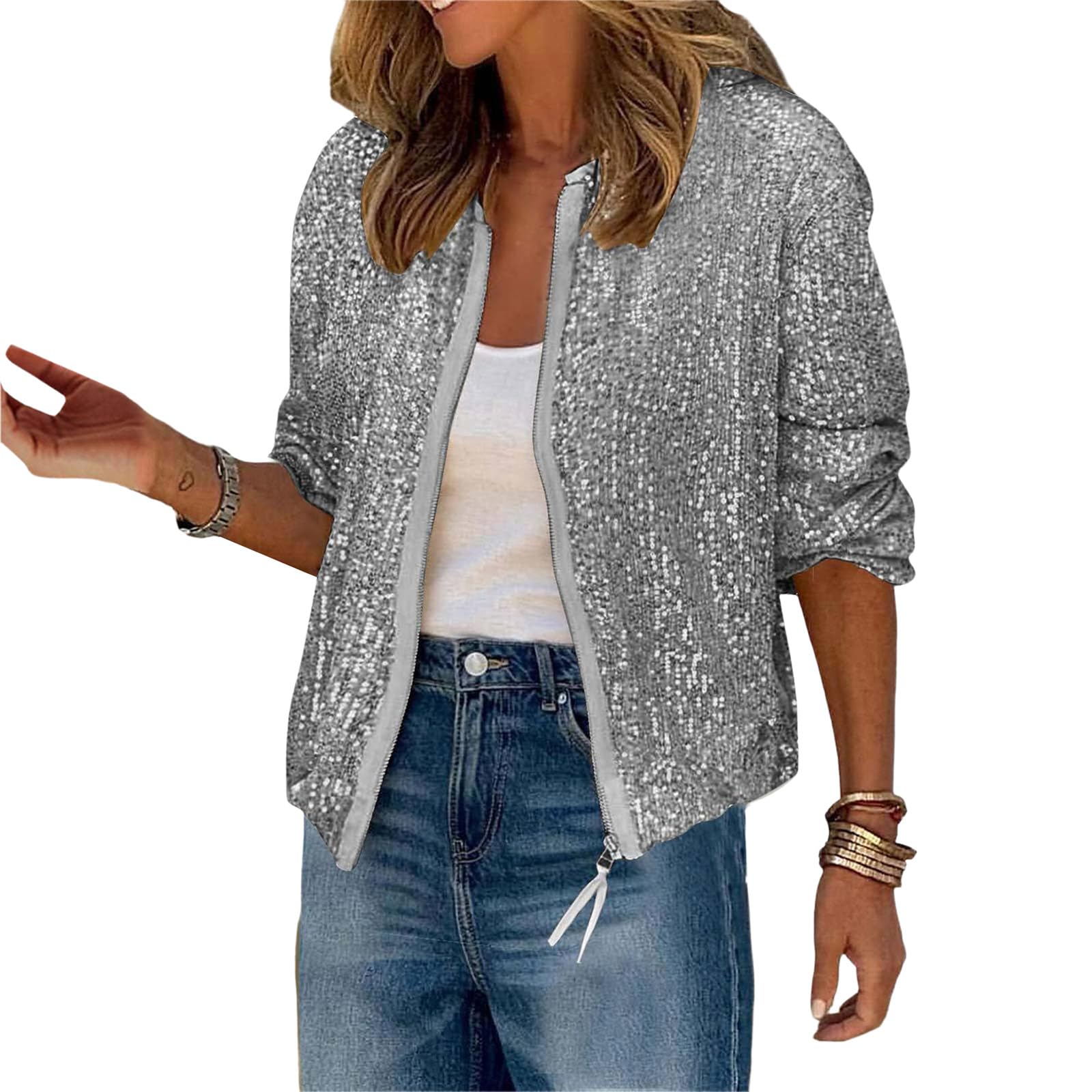 Women Sequin Jacket Glitter Sparkle Open Front Casual Long Sleeve Blazer Coat