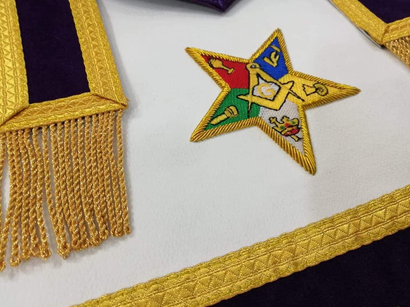 BRICKS MASONS Hand Embroidered Masonic OES Patron Apron Golden Mylar Tassels