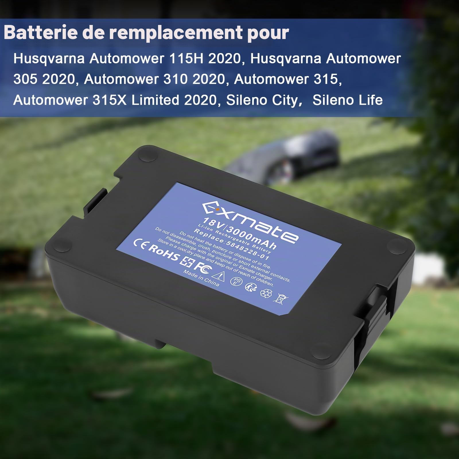 Exmate 18 V 3000mAh Batterie de Rechange pour Gardena Sileno Minimo 250, Gardena Sileno City/Life, Husqvarna Automower 115H/305/310/315/315X (2020) Tondeuse Robot à Batterie