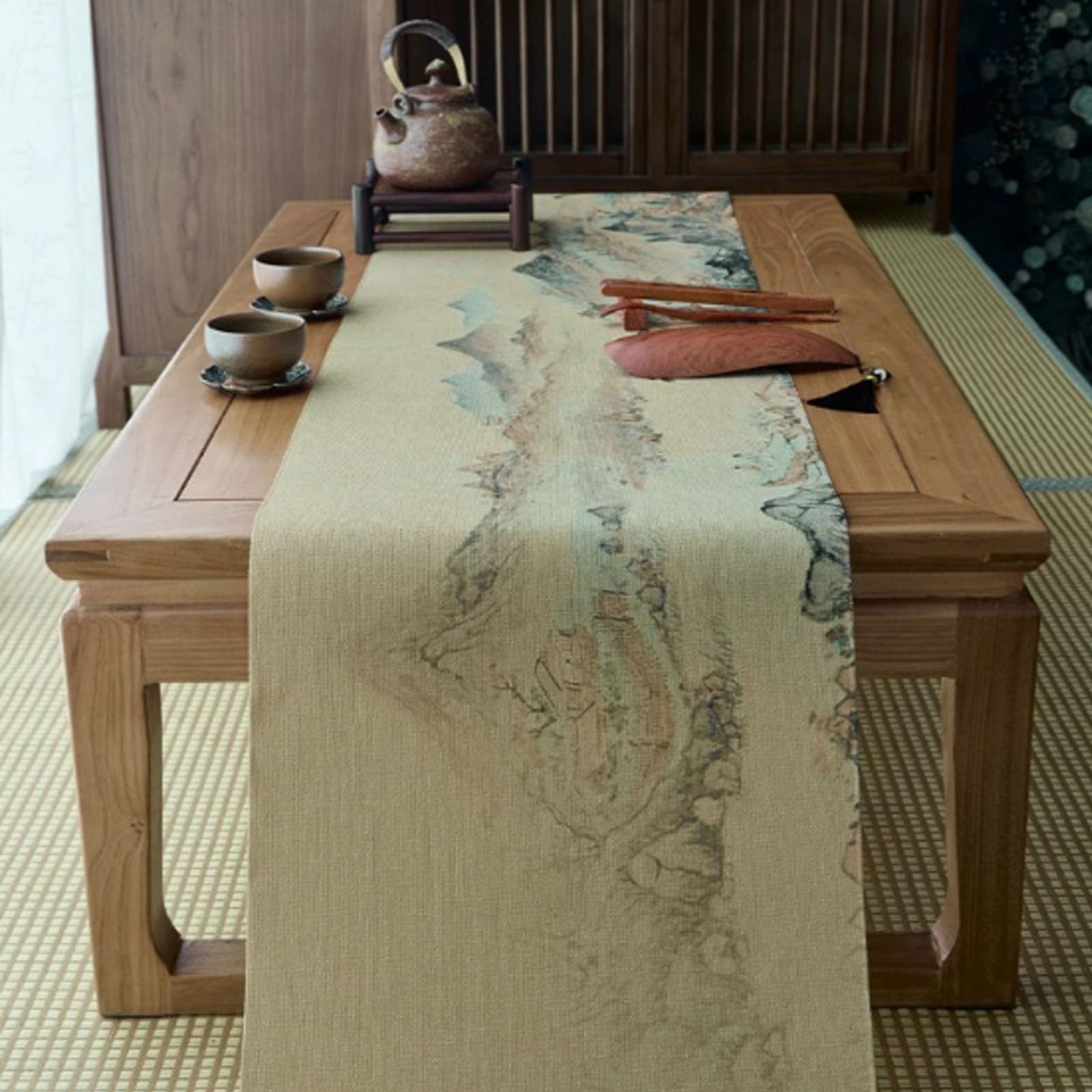 Endless Mountains Chinese Zen Table Runner,Made Of Selected Cotton linen Blend Fabric,This Runner Is Ideal For Tea Tables,Dining Tables And Home Tea Rooms.(250cm/98.4in)