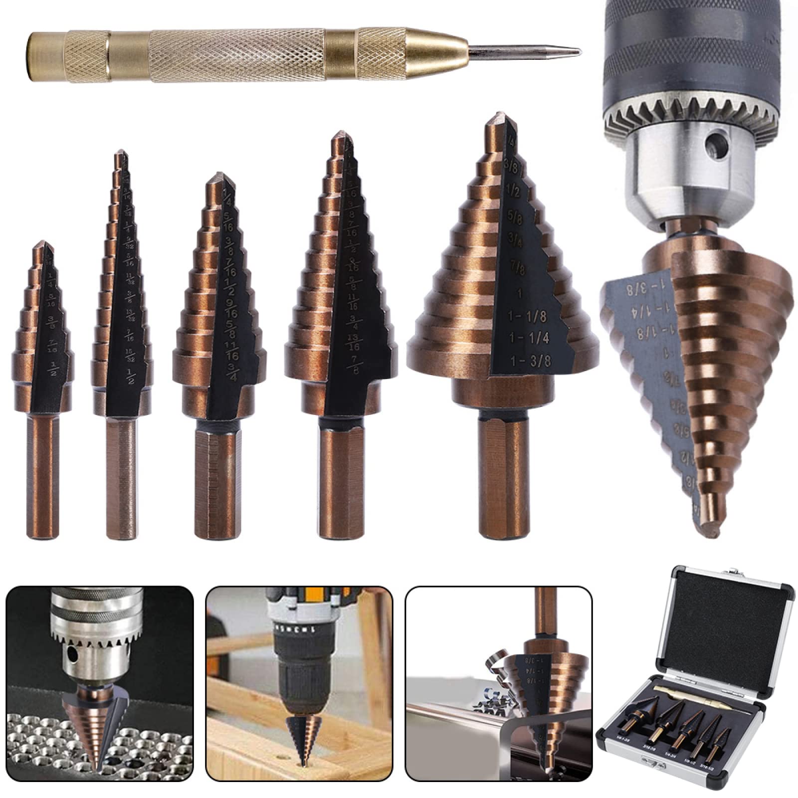6Pcs Drill HSS High Speed Steel Step Drill Bits for Metal Wood Hole Cutter Core Drill Bit Set Triangle Shank Hole Metal Drills
