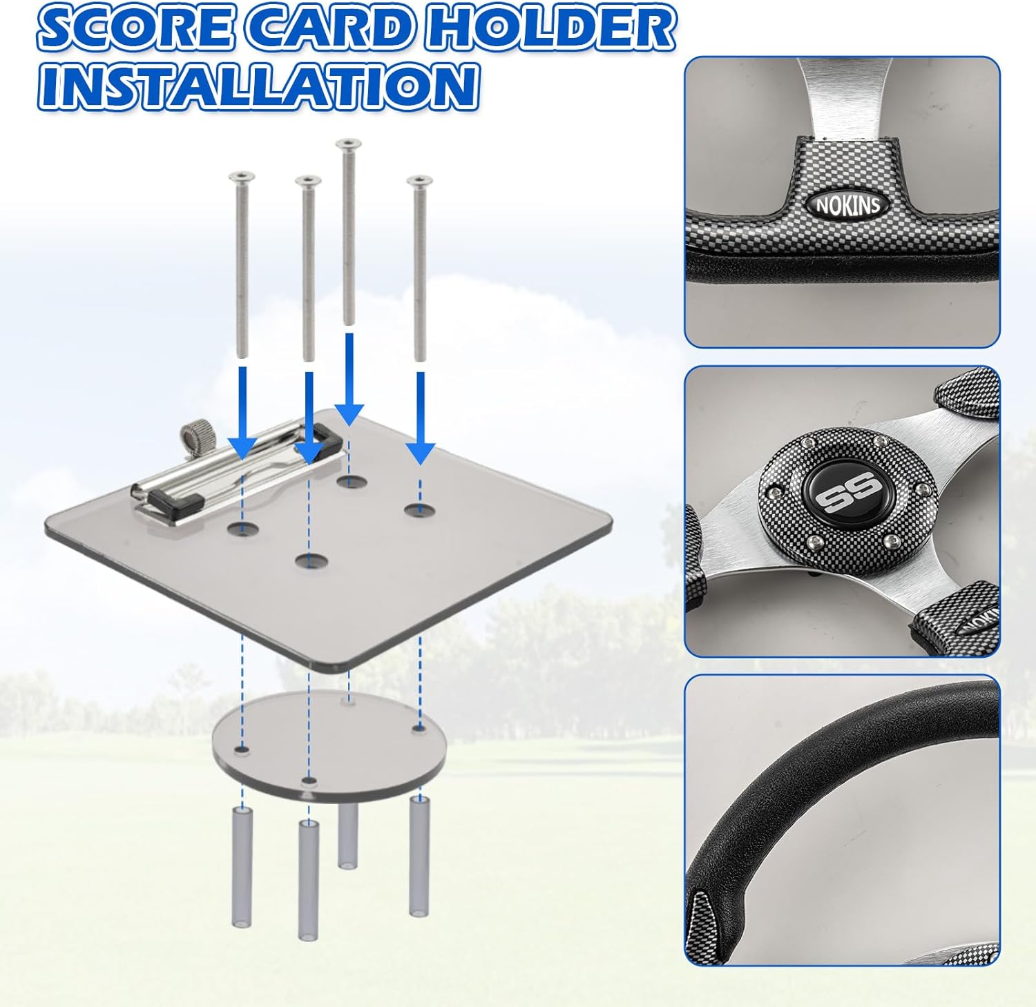 NOKINS 12.5" Universal Golf Cart Steering Wheel&Scorecard Holder, Fit EZGO TXT/RXV/Club Car DS/Precedent/Yamaha, Most Golf Carts (D Shape Carbon Fiber Black)