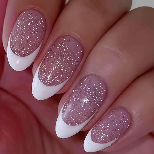 Miniatura 140 de Uñas postizas medianas a presión con lazos 3D, diseño de diamantes de imitación, punta francesa, pegamento brillante en las uñas acrílicas blancas