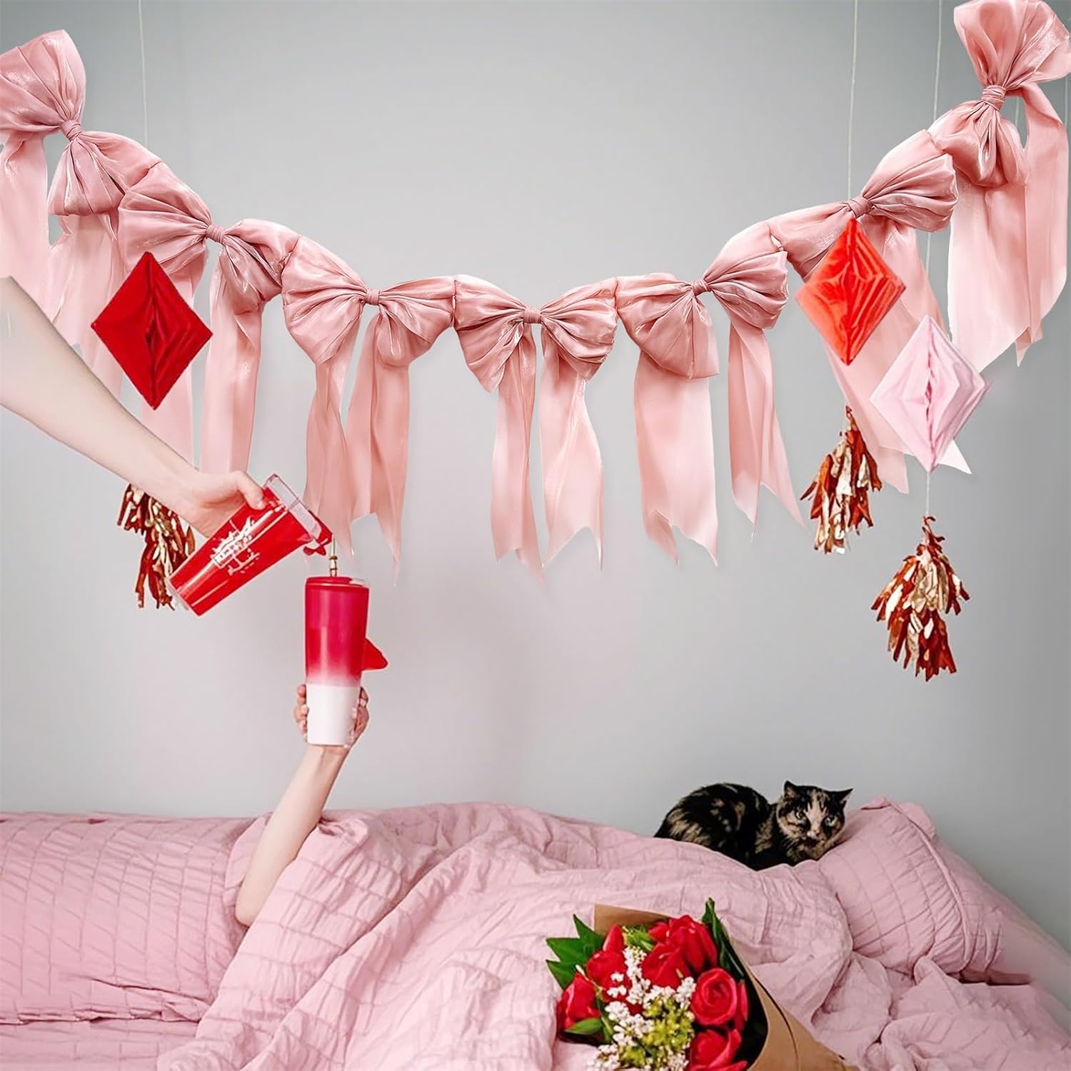 Pink Bow Garland Banner - Pre-Strung Bow Themed Party Decorations for Coquette Birthday Baby Shower Bridal Shower Bachelorette Decor Girly Party Supplies(Dusty Pink) - Image 7