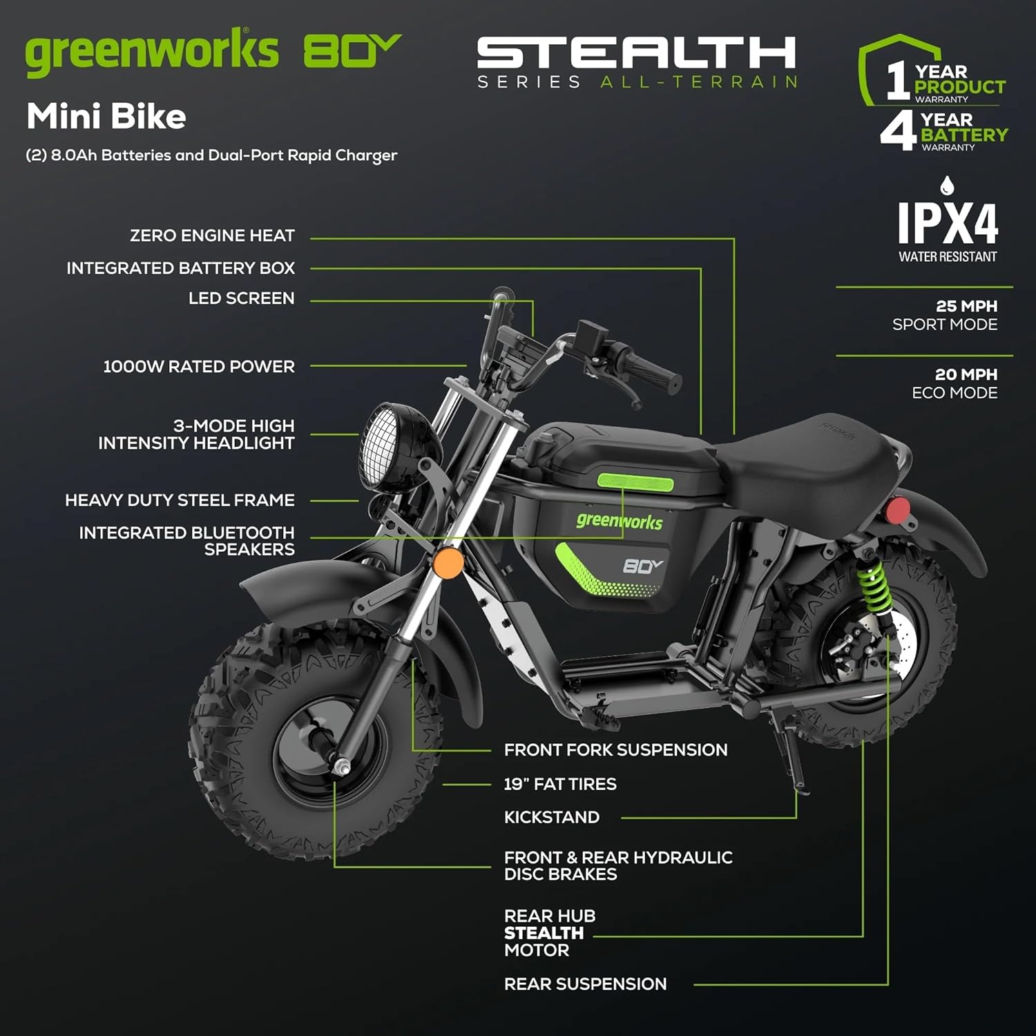 Greenworks 80V Battery-Powered Mini Bike for Adults-25 MPH Max Speed,27 Miles Range,Steel Frame,1000W Brushless Motor,Bluetooth Speakers,(2) 8.0Ah Batteries and 8A Dual Port Rapid Charger