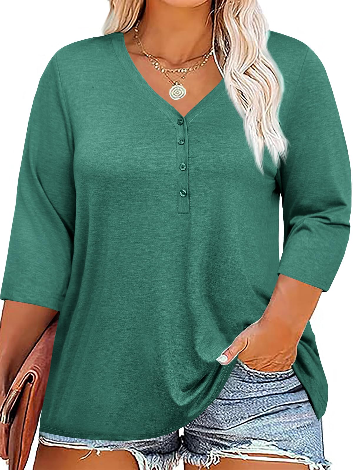 Tankaneo Women Plus Size Tops V Neck 3/4 Sleeve Casual T Shirts Loose Basic Tunic Tees