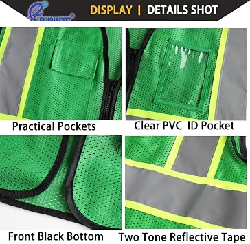 Reflective Mesh Safety Vest for Men Women with 5 Pockets and Zipper Front High Visibility Mesh Vest Hi Vis Construction Work Vest,Meets ANSI/ISEA Standards(EK175-Green-S)