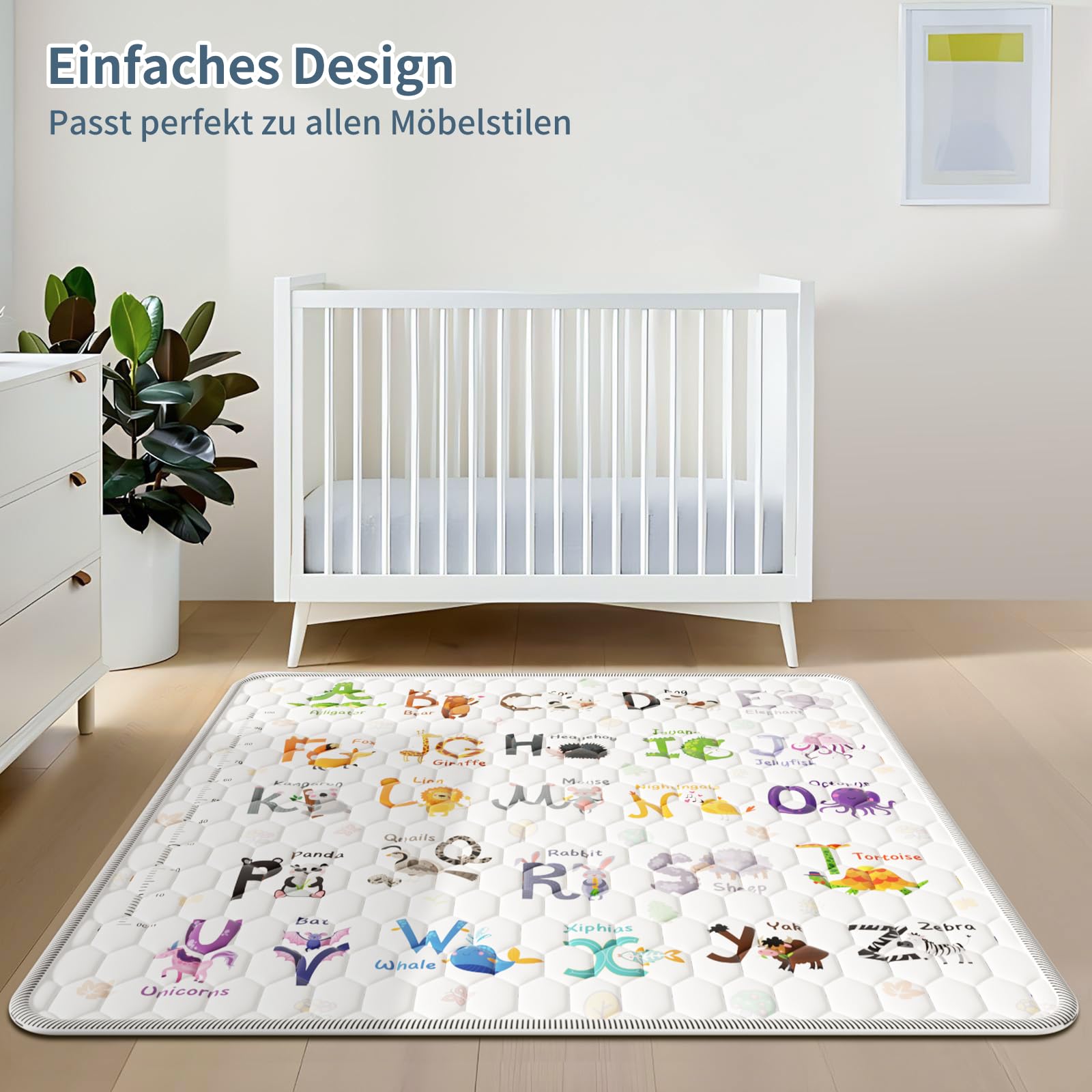Tappeto Gioco Bambini 127x127cm,Addensare Tappeto Gioco Neonato Pieghevole con 26 Lettere,Stampa Animalier e Righello per l'altezza,Educare Tappeto Neonato,Antiscivolo,Lavabile in Lavatrice