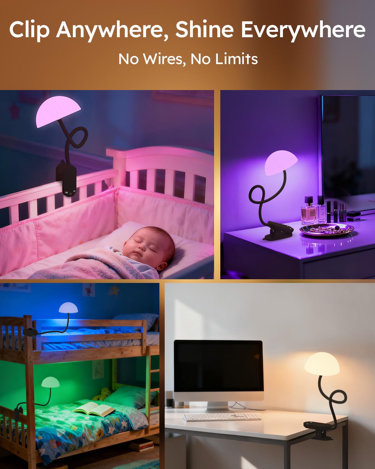 Lámpara inalámbrica con clip, lámpara de escritorio con control táctil con modo ambiente RGB y 3000 K a 6000 K, luz de lectura de libros regulable recargable con brazo flexible, abrazadera resistente