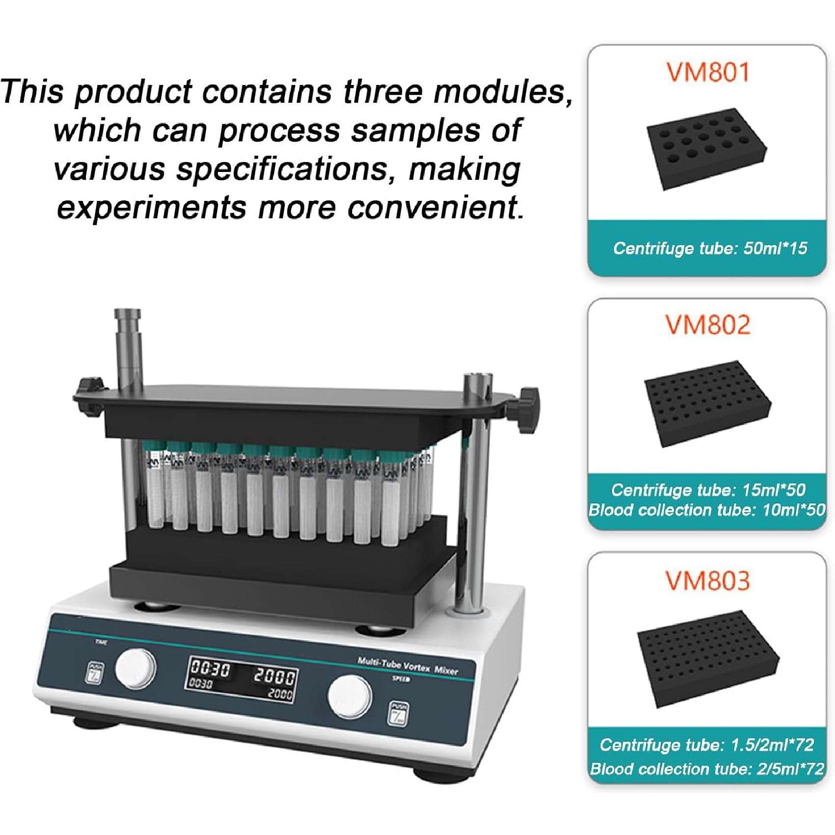 Mezclador de vórtice de Laboratorio, Mezclador Mini de vórtice Multi-Tubo de 3 módulos, Pantalla Digital LCD, Modo de agitación Lenta/Continua