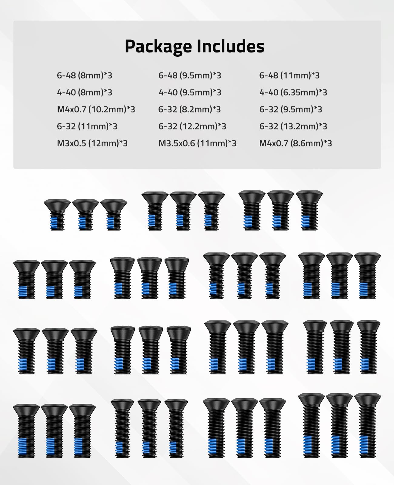 CVLIFE Lot de 45 vis pour optique de visée Red Dot et support, 15 jeux de vis de 3 dans chaque lot #6-32/#6-48/#4-40/M3/M3.5/M4, acier au carbone de qualité 12,9, revêtement bleu oxyde noir,