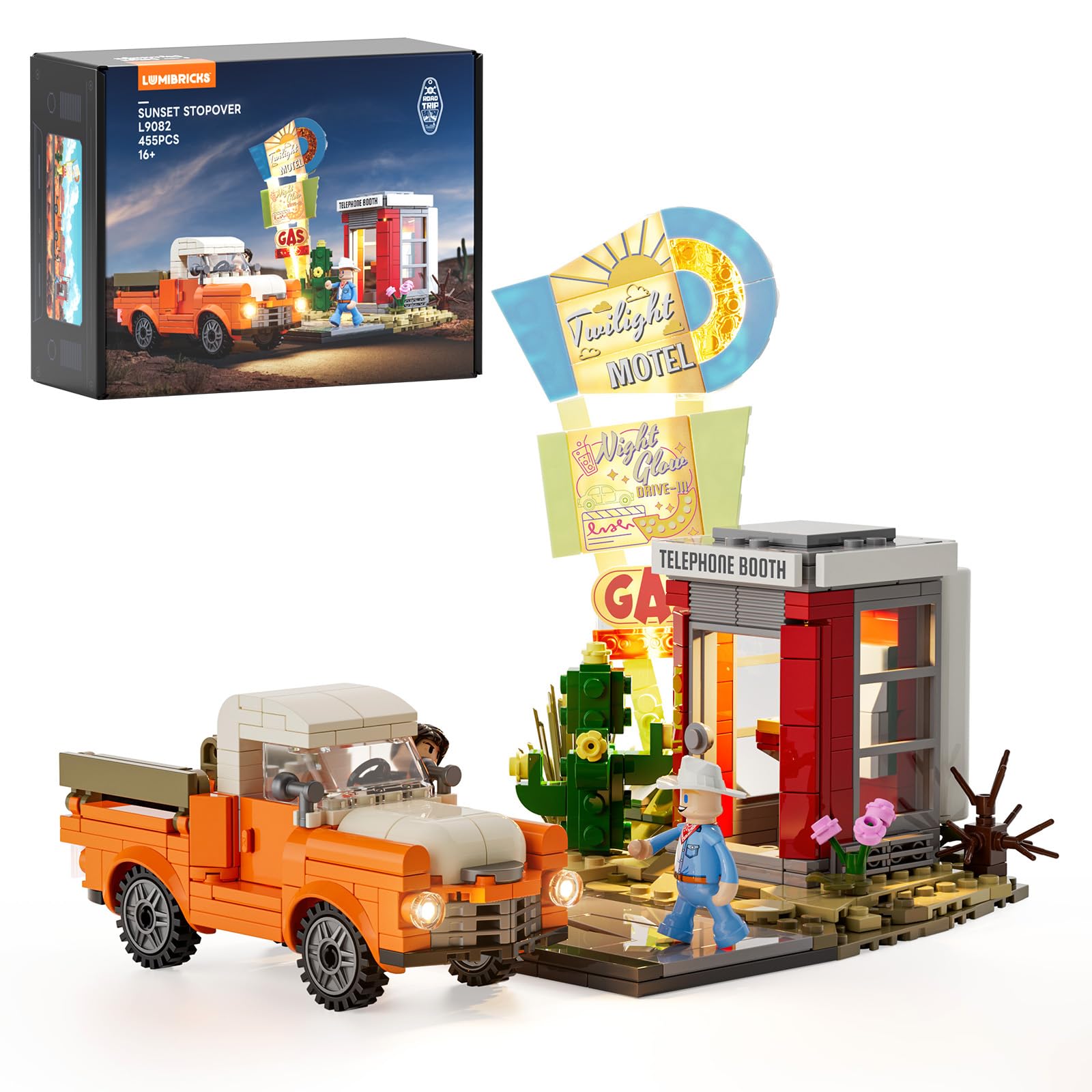 Lumibricks Sunset-Stopover Lighted Building Bricks Set - 455 PCS Modular Roadside Scene with LED Lights and Retro Car, for Adults, Teens and Travel Enthusiasts