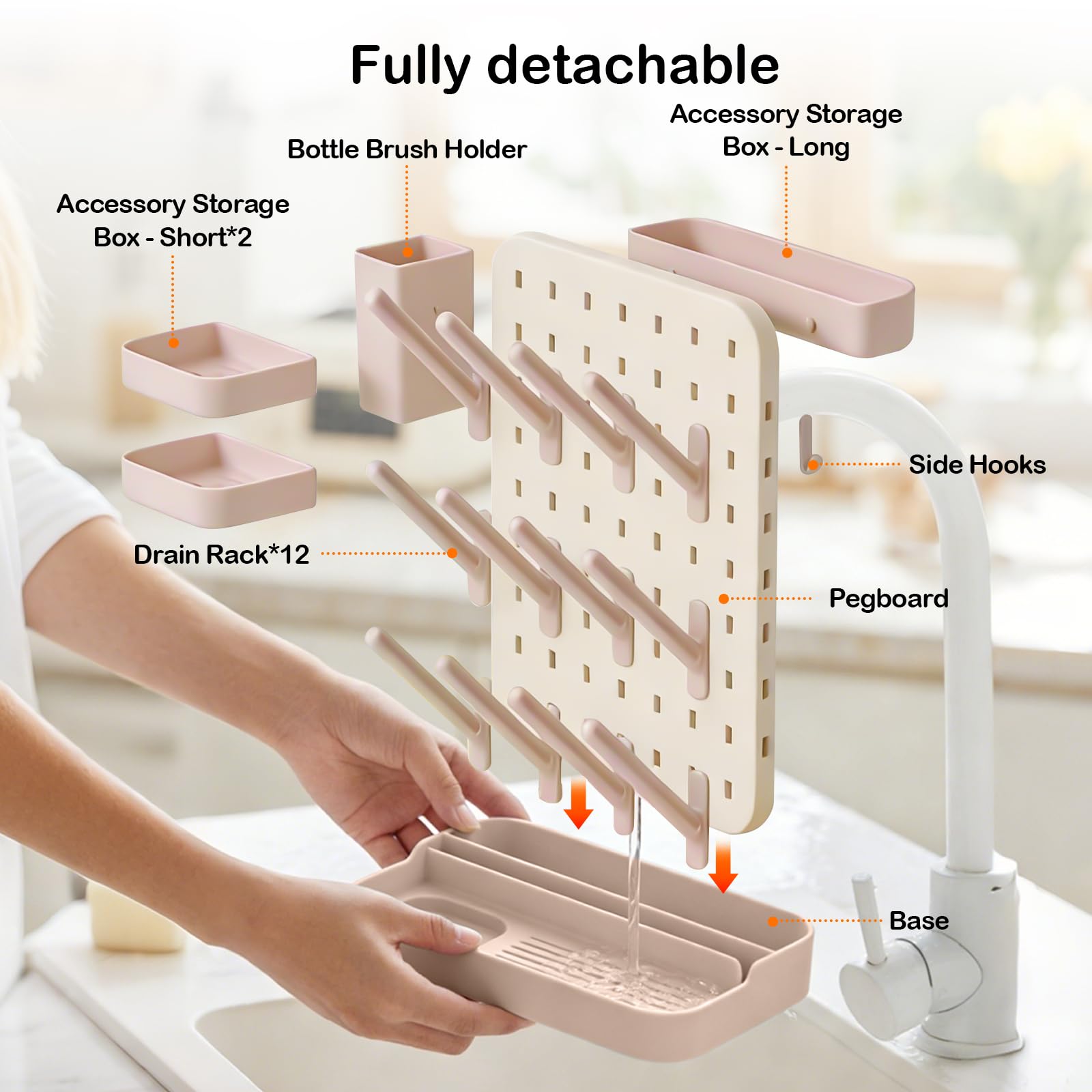 auvstar Trockenständer Babyflaschen mit Flaschenbürsten Set,Abtropfgestell Flaschen Baby,Platzsparender Flaschentrockner Baby,Babyflaschenhalter Trockengestell mit Abtropfschale,BPA Frei (Rosa)
