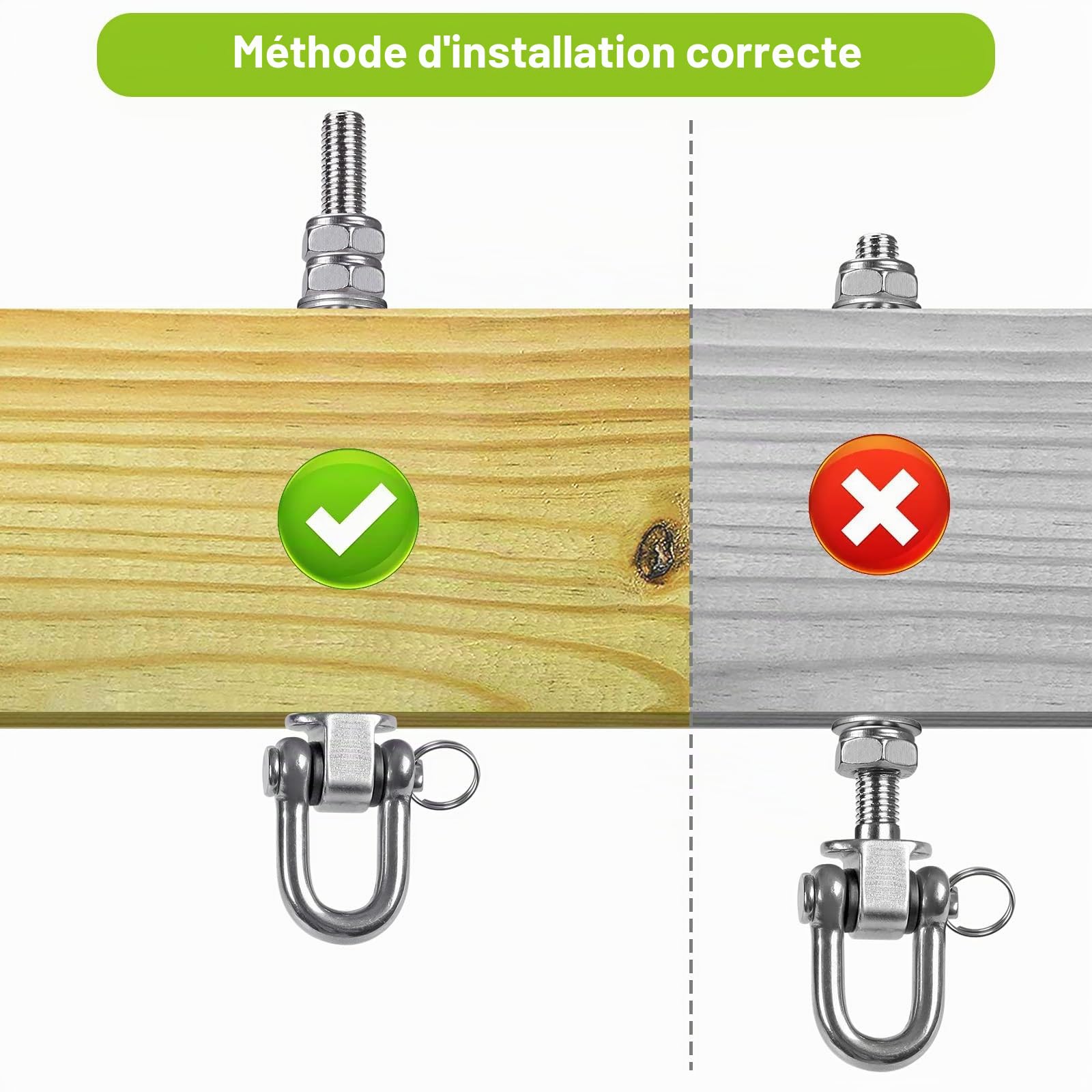 SELEWARE Lot de 4 cintres robustes en acier inoxydable avec roulements – Boulons pivotants M10 x 22,9 cm – Capacité de 816,5 kg pour poutres en bois et en acier, hamac de yoga, balançoire de porche