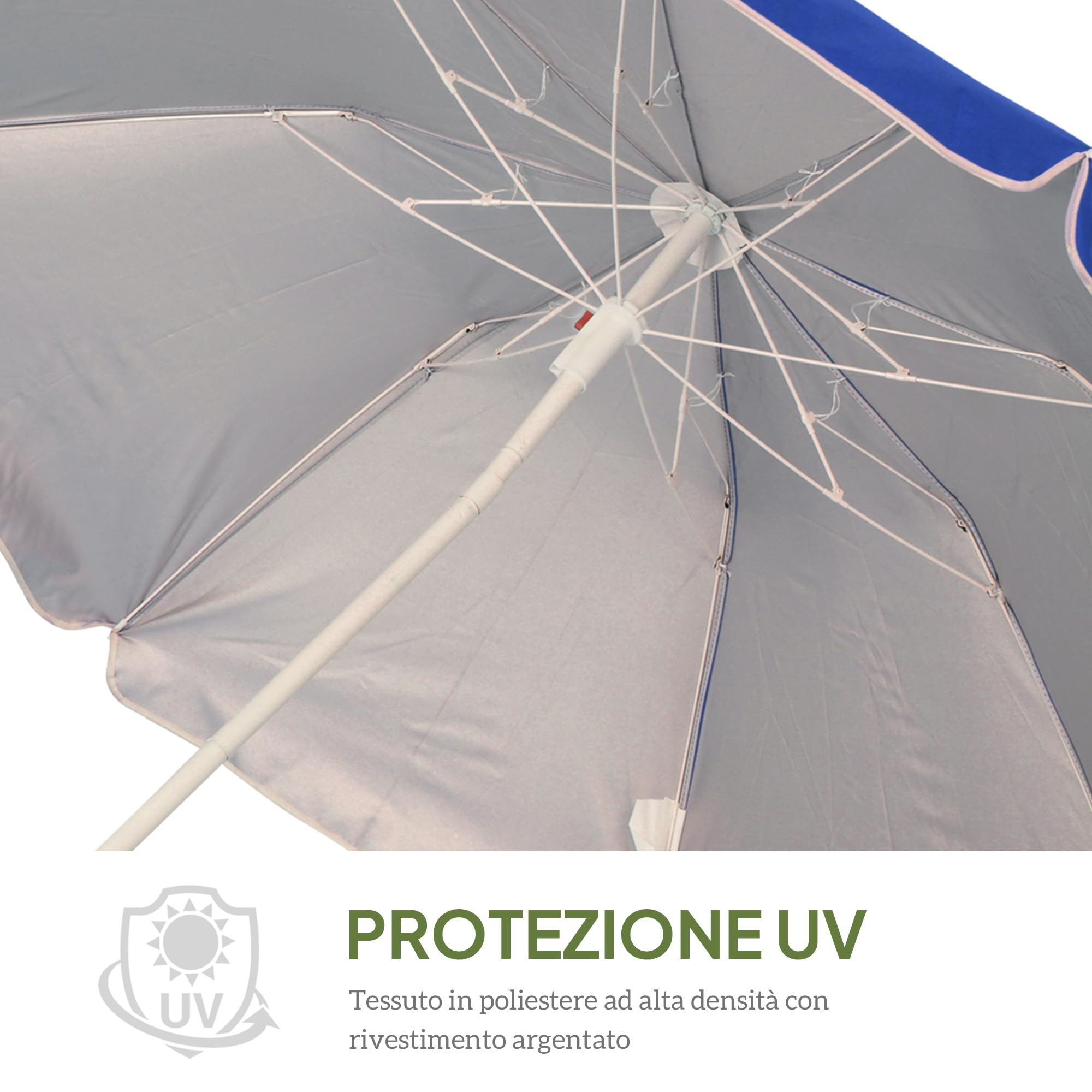 Outsunny Ombrellone da Spiaggia Ø1.6x2 m con Tettuccio Reclinabile, Ombrellone da Spiaggia Portatile con 8 Stecche, Borsa da trasporto e Design a 3 Sezioni in Metallo e Poliestere, Protezione UV, Blu