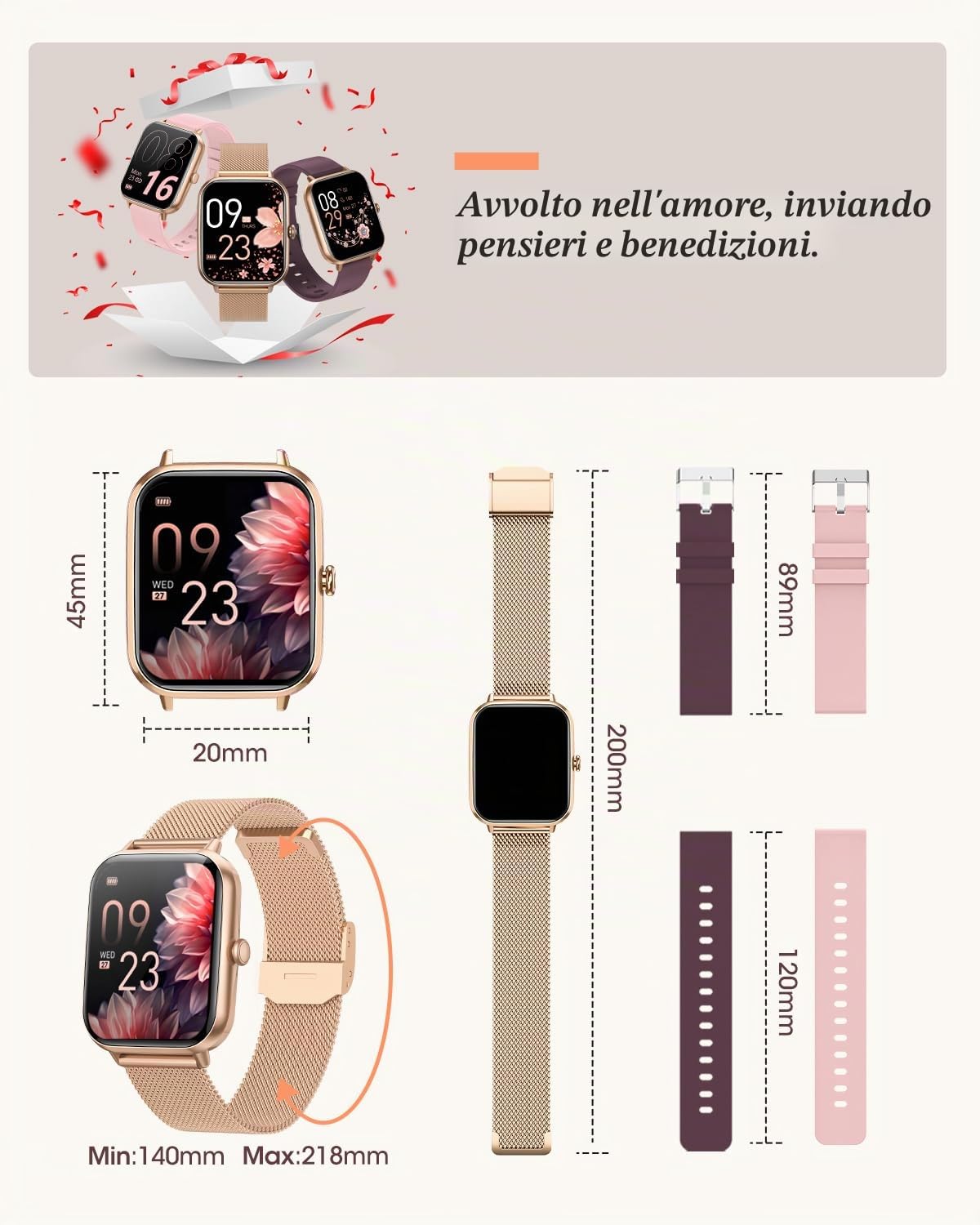 RUXINGX Smartwatch Donna con Chiamate, 1.83" Orologio Smartwatch con 3 Cinturini Fisiologia Femminile Sonno Cardiofrequenzimetro SpO2 IP68, 20+ Sport Notifiche Messaggi per iOS Android Oro Rosa Regalo