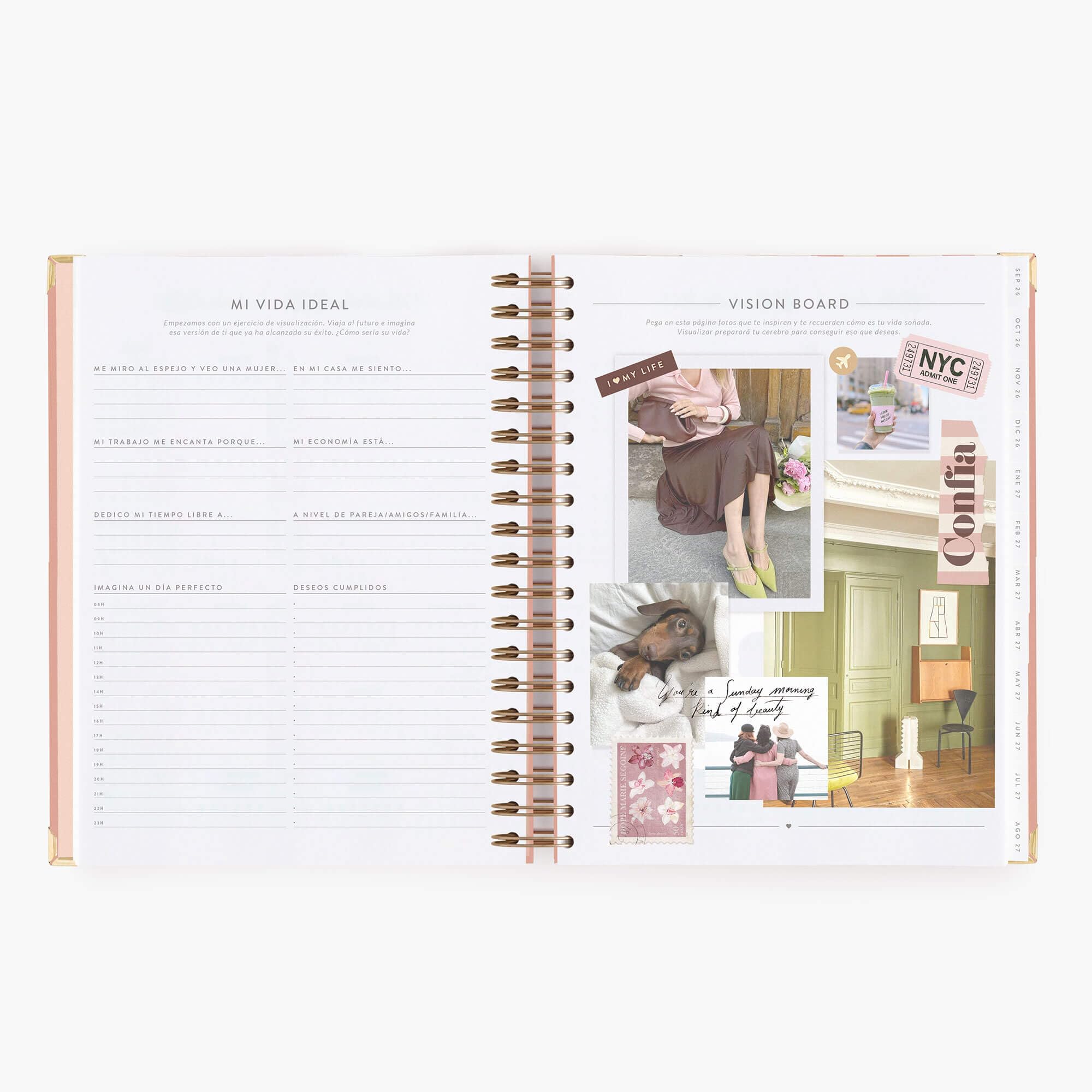 Charuca Akademischer Terminkalender 2026-2027 TAGESANSICHT – Hardcover mit Golddetails, Großes Format – Inklusive schützender Stofftasche und Lesezeichen (Rayas Pink)