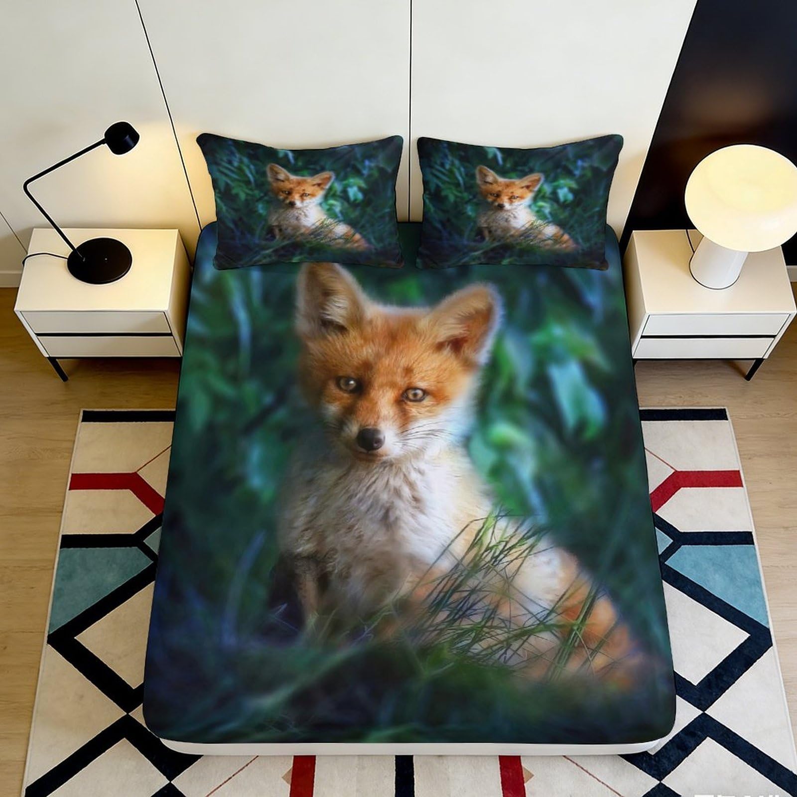 3D Printed Fox Forest Fitted Sheet Microfiber Soft Breathable Fox Cub Bed Cover for Bedroom Dormitory Guest Room Mattress Protection Decor 140x200x25cm