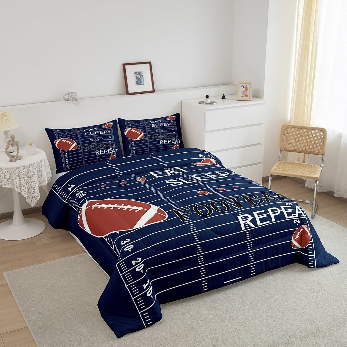 jejeloiu Kids Football Comforter Set Queen Size Rugby Court Comforter Boys Girls Eat Sleep Football Ball Pattern Bedding Set Gaming Sports Theme Quilt Set