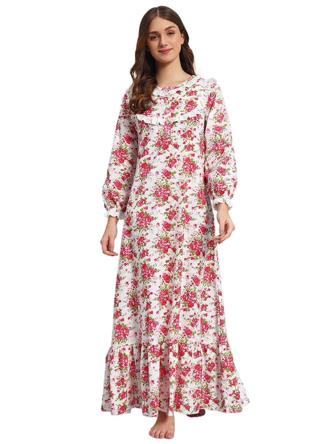 sephani Women's 100% Cotton Printed Maxi Nightgown Long Nighty Sleepwear for Ladies Super Soft Full Sleeves Nighty-picture-19