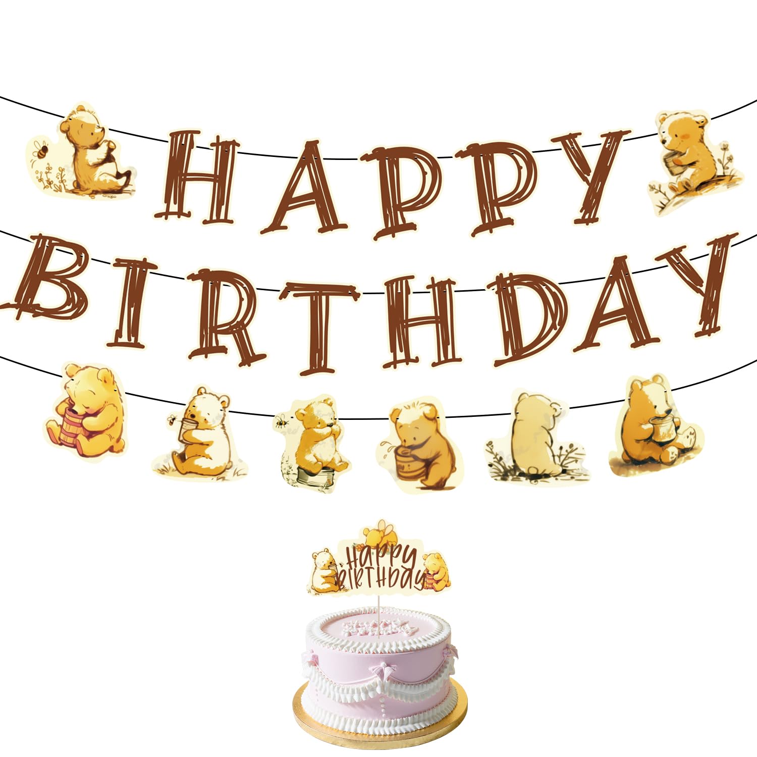 Tinoaly Cartoon Honey Bear Themed Party Decor Set, Includes Happy Birthday Banner, Cake Topper, and Hanging Pull Flag, for Boys and Girls Birthday