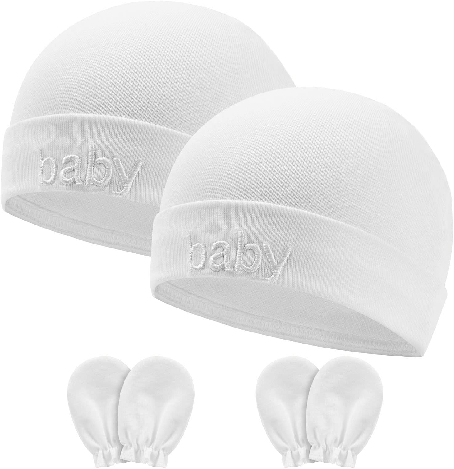 Aolso Newborn Baby Hats Mittens Set, 2pcs Baby Hats Caps & 2 Pairs Baby Mittens Gloves, Infant White Hats Baby Cotton Gloves No Scratch Mittens for 0-6 Months