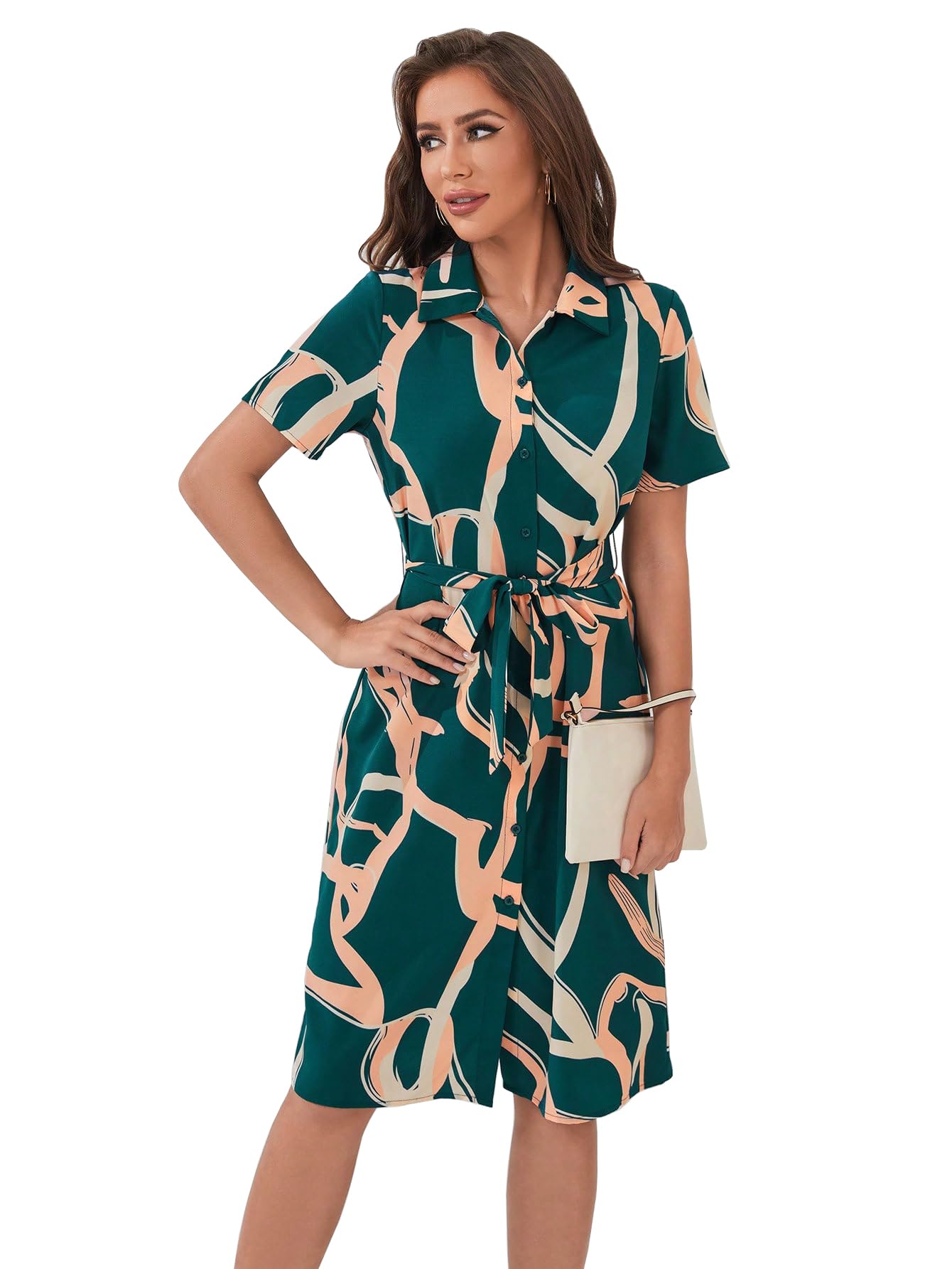 Shasmi Women's & Girl's White Dress For Women L One Piece Dress For Women L Beach Dress For Women, Solid Printed Tie Front Collared V Neck Midi Dress (Dress 116 Green-L)
