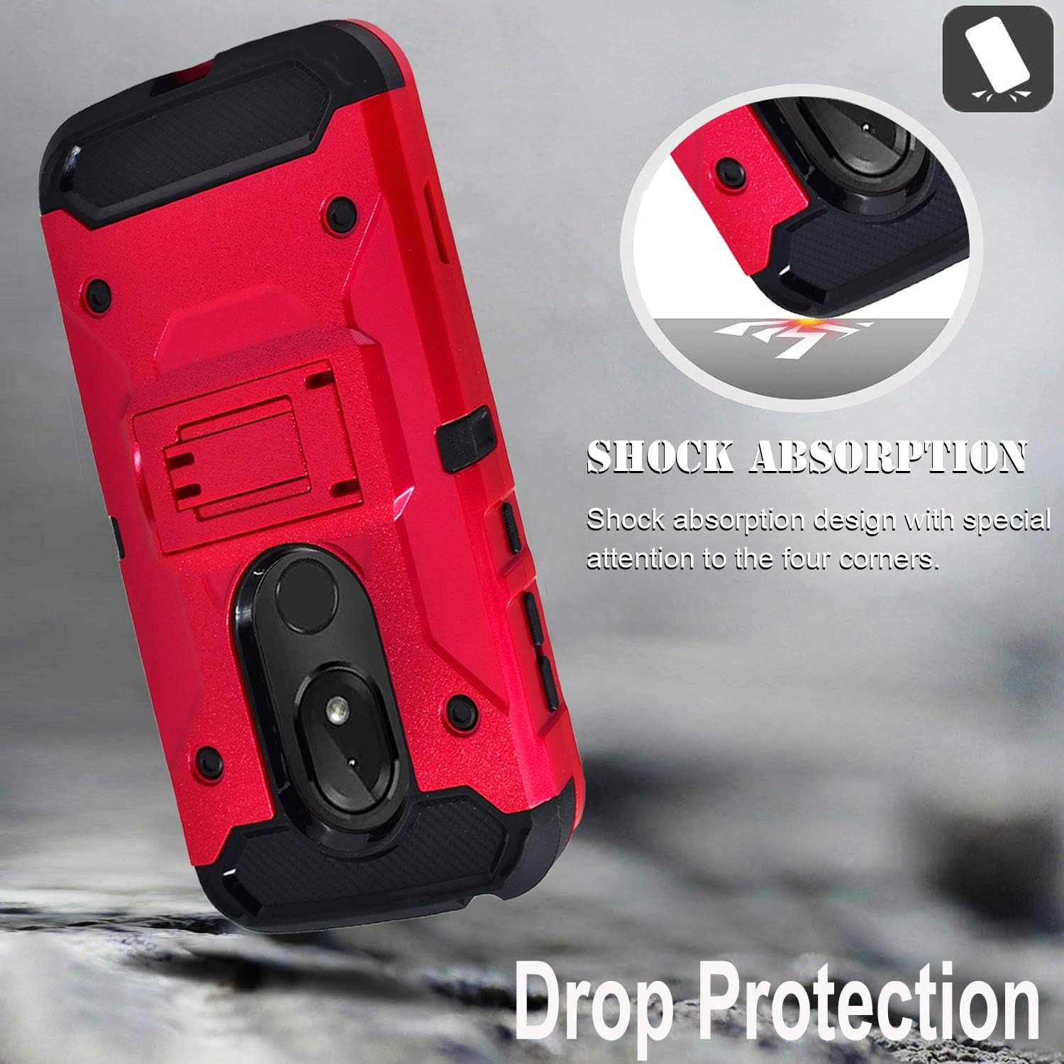 STARSHOP Compatible for Revvlry Case, Moto G7 Play Case, with [Tempered Glass Screen Protector Included], Full Cover Heavy Duty Dual Layers Phone Cover with Kickstand and Locking Belt Clip- Red